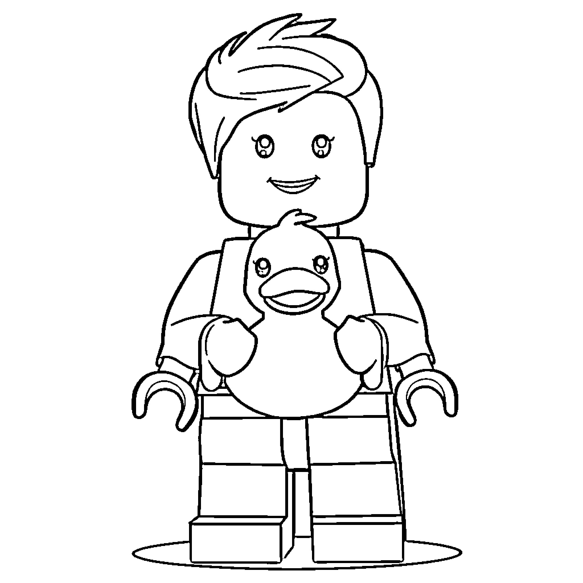 Lego Minifig holding cute duckling toy Coloring Page (free black-and-white line drawing printable PDF for all, from beginners to advanced learners, including children, teens, adults, and seniors)