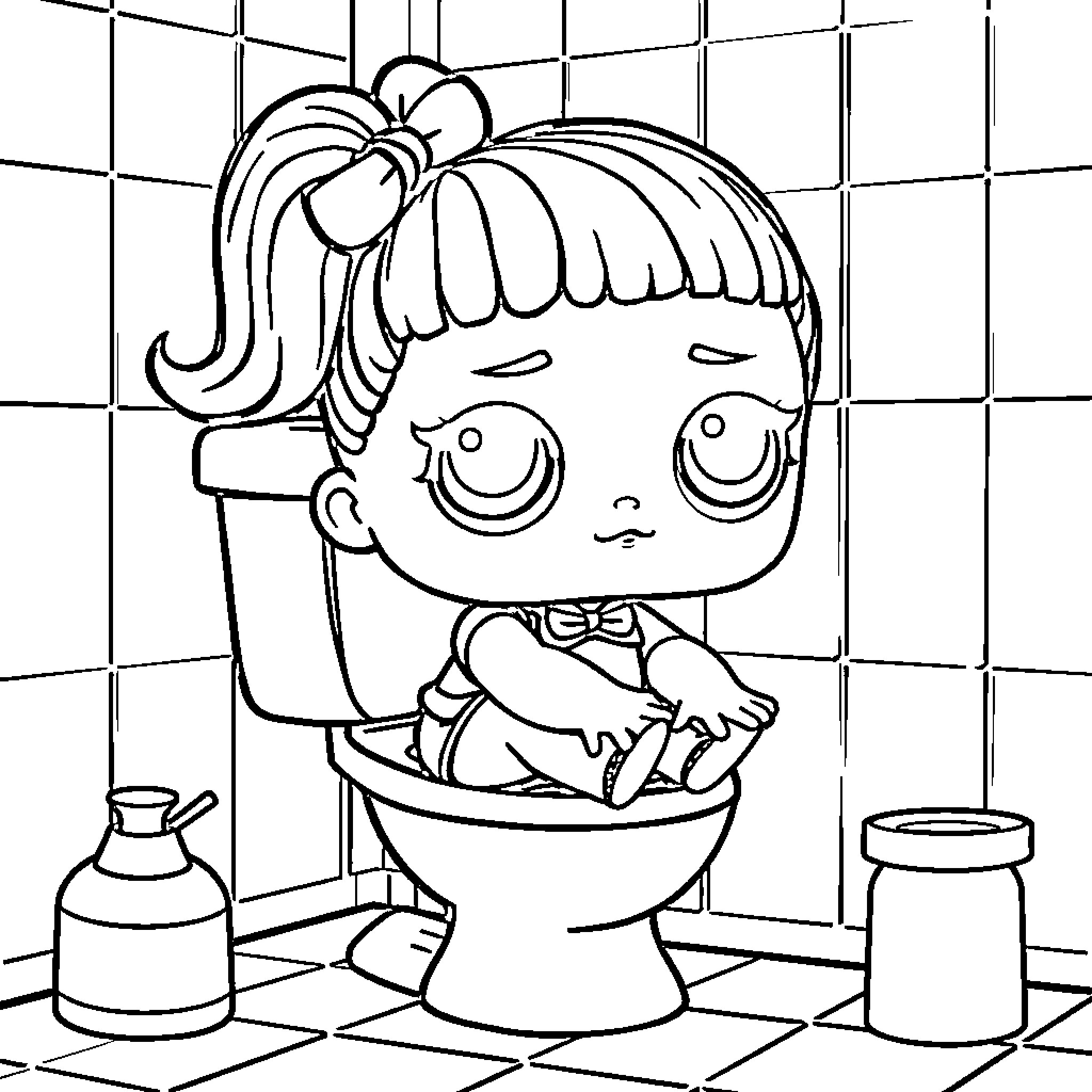Lol Doll sitting on the toilet Coloring Page (free black-and-white line drawing printable PDF for all, from beginners to advanced learners, including children, teens, adults, and seniors)