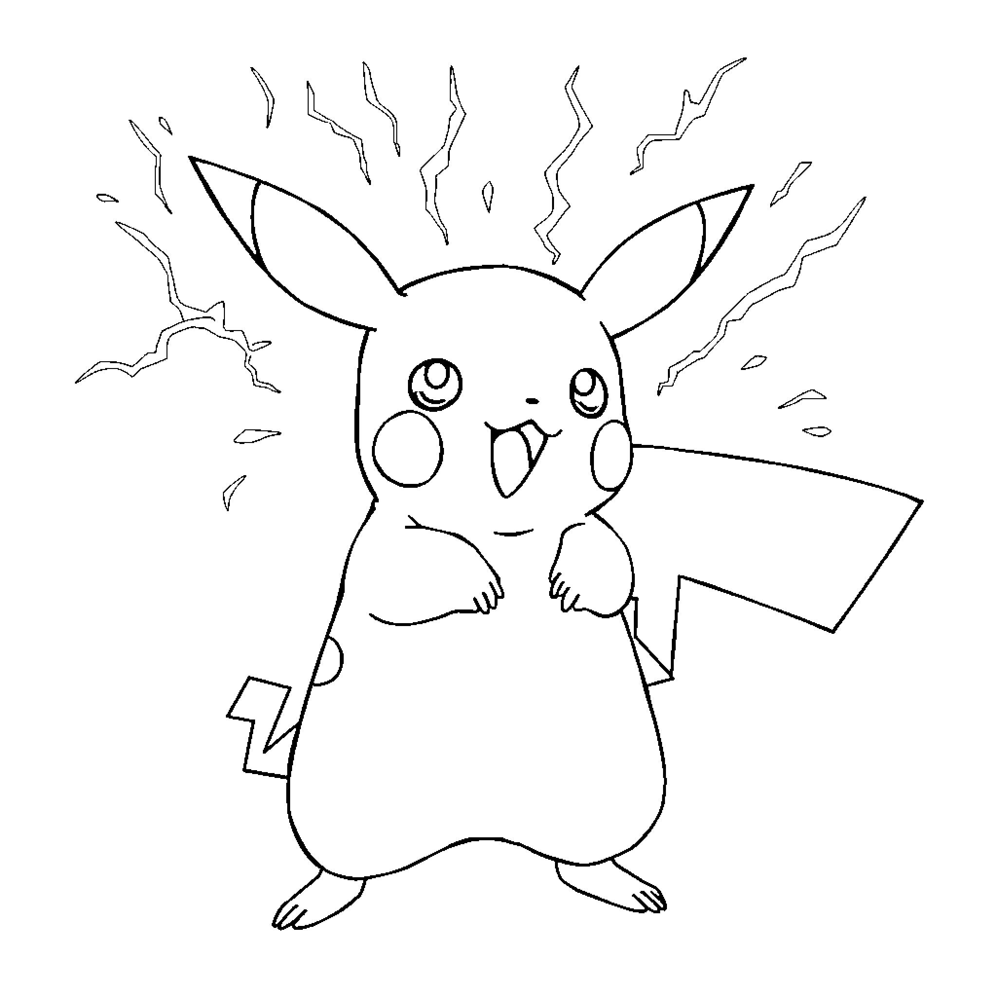 Pikachu's Electrifying Appearance Coloring Page (free black-and-white line drawing printable PDF for all, from beginners to advanced learners, including children, teens, adults, and seniors)