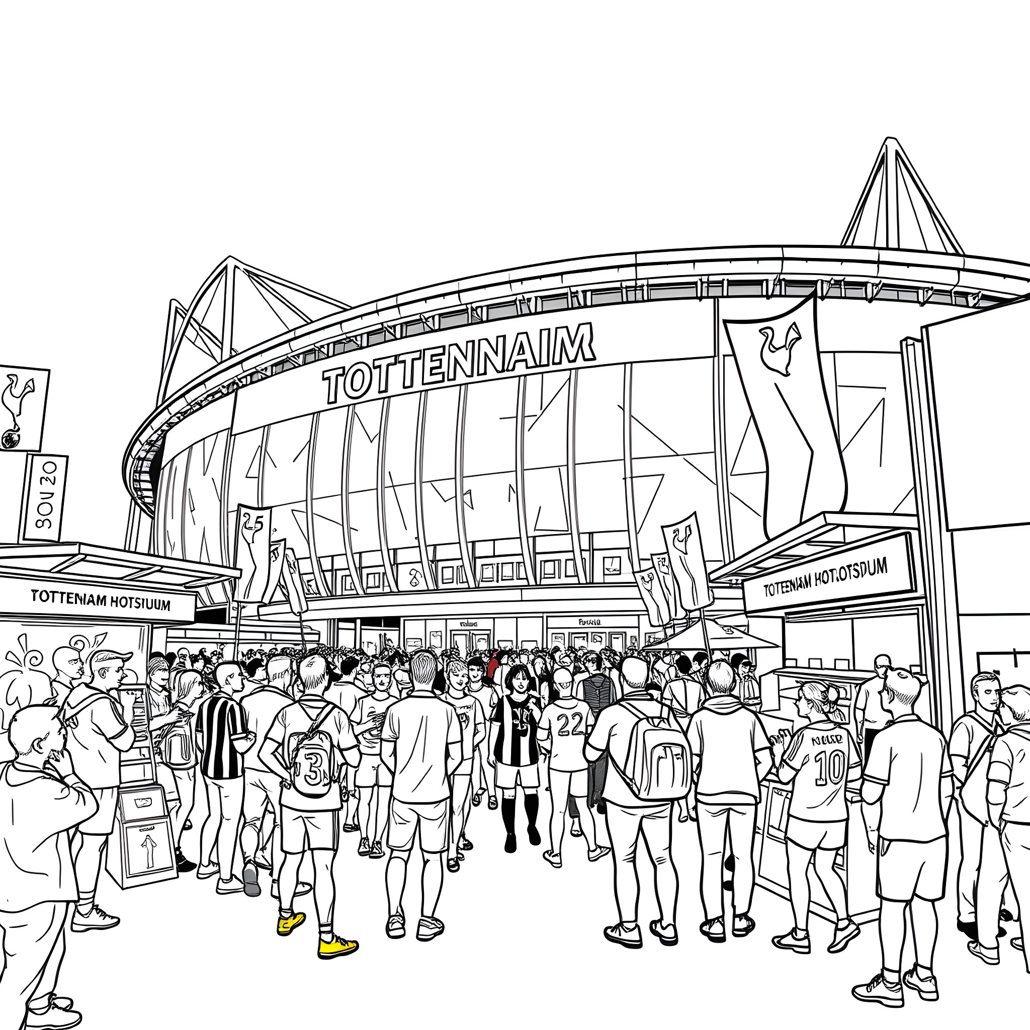 Tottenham Stadium Crowded with Football Fans Coloring Page (free black-and-white line drawing printable PDF for all, from beginners to advanced learners, including children, teens, adults, and seniors)