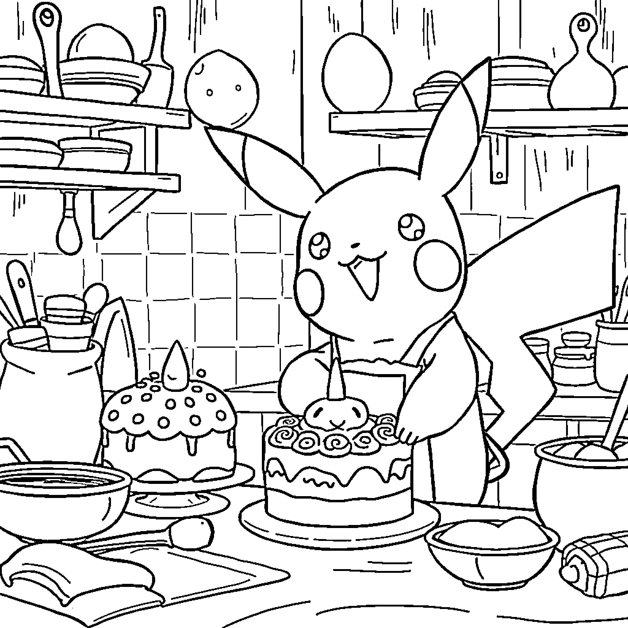 Pikachu baking delicious treats in the kitchen Coloring Page (free black-and-white line drawing printable PDF for all, from beginners to advanced learners, including children, teens, adults, and seniors)