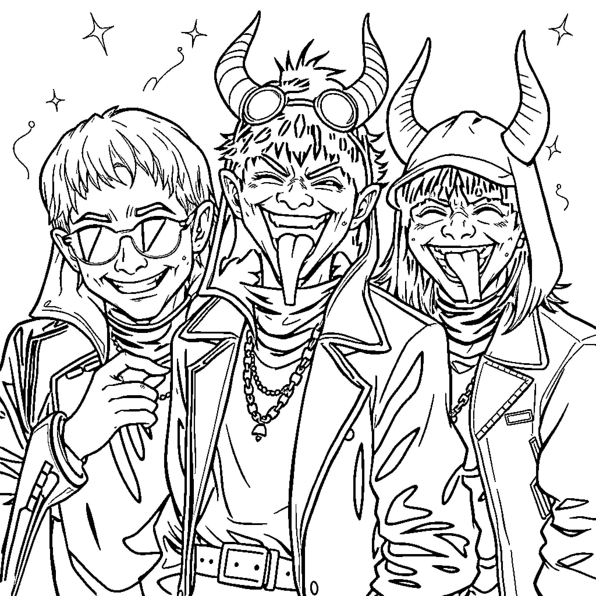 K-POP Demon Hunters in Fierce Attire Coloring Page (free black-and-white line drawing printable PDF for all, from beginners to advanced learners, including children, teens, adults, and seniors)