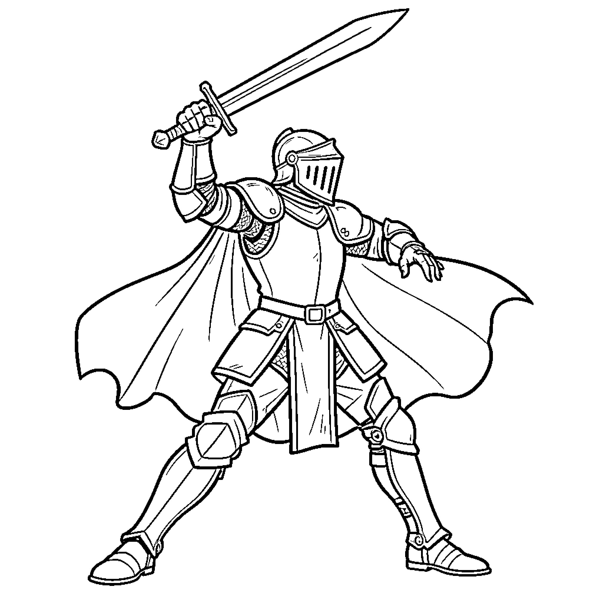 Knight in full armor wielding a sword Coloring Page (free black-and-white line drawing printable PDF for all, from beginners to advanced learners, including children, teens, adults, and seniors)