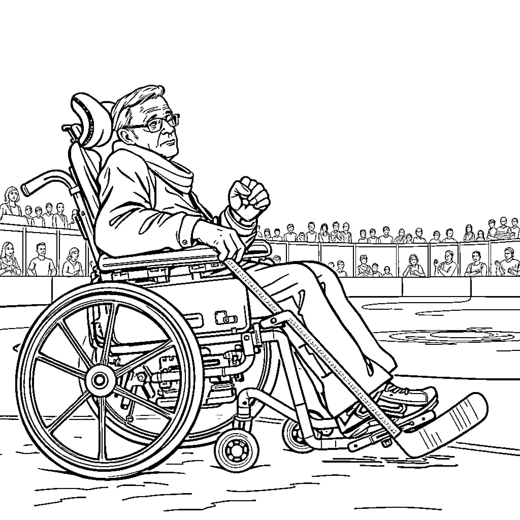 Steven Hawking speaking from wheelchair at conference Coloring Page (free black-and-white line drawing printable PDF for all, from beginners to advanced learners, including children, teens, adults, and seniors)