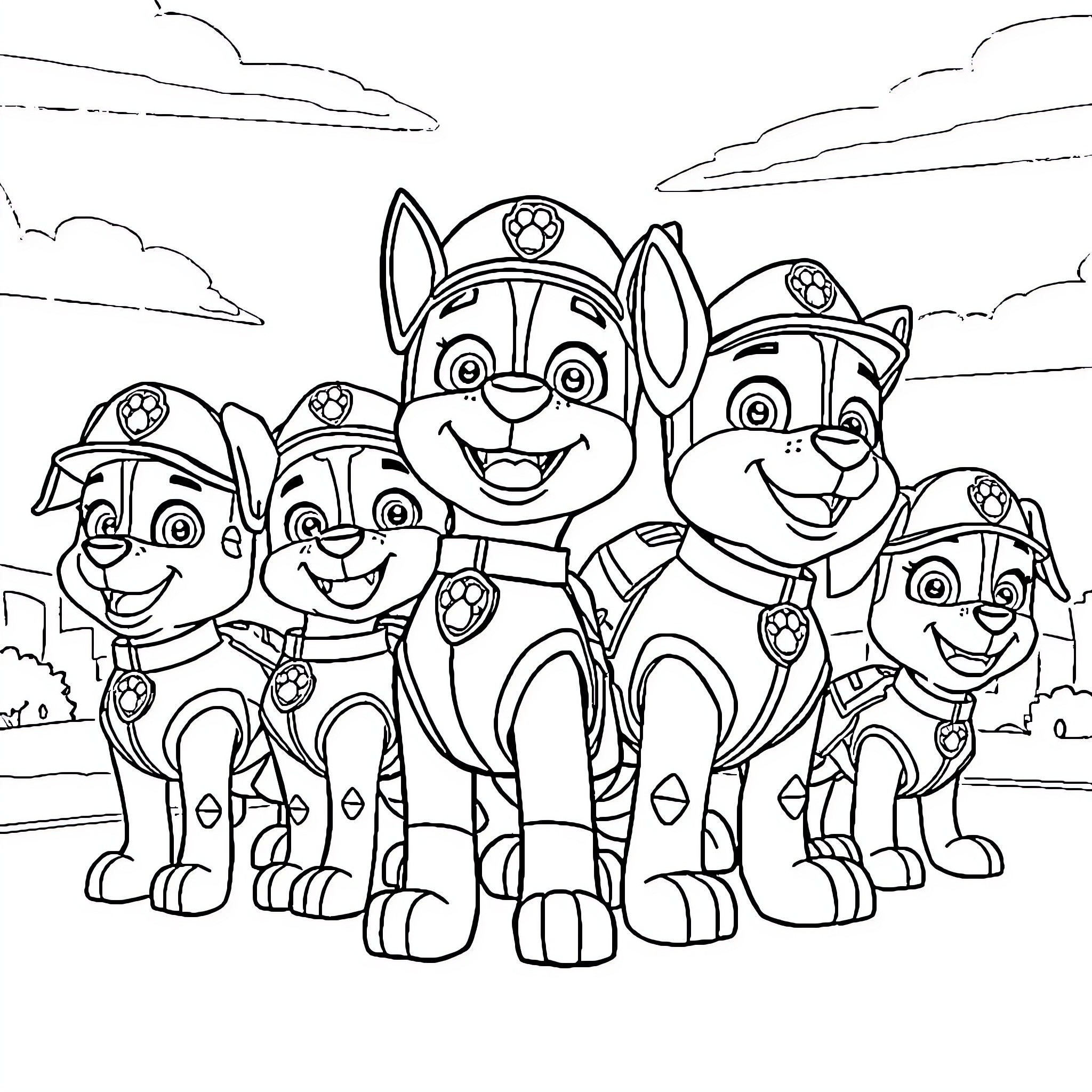 Paw Patrol Puppies Posing Together Outdoors Coloring Page (free black-and-white line drawing printable PDF for all, from beginners to advanced learners, including children, teens, adults, and seniors)