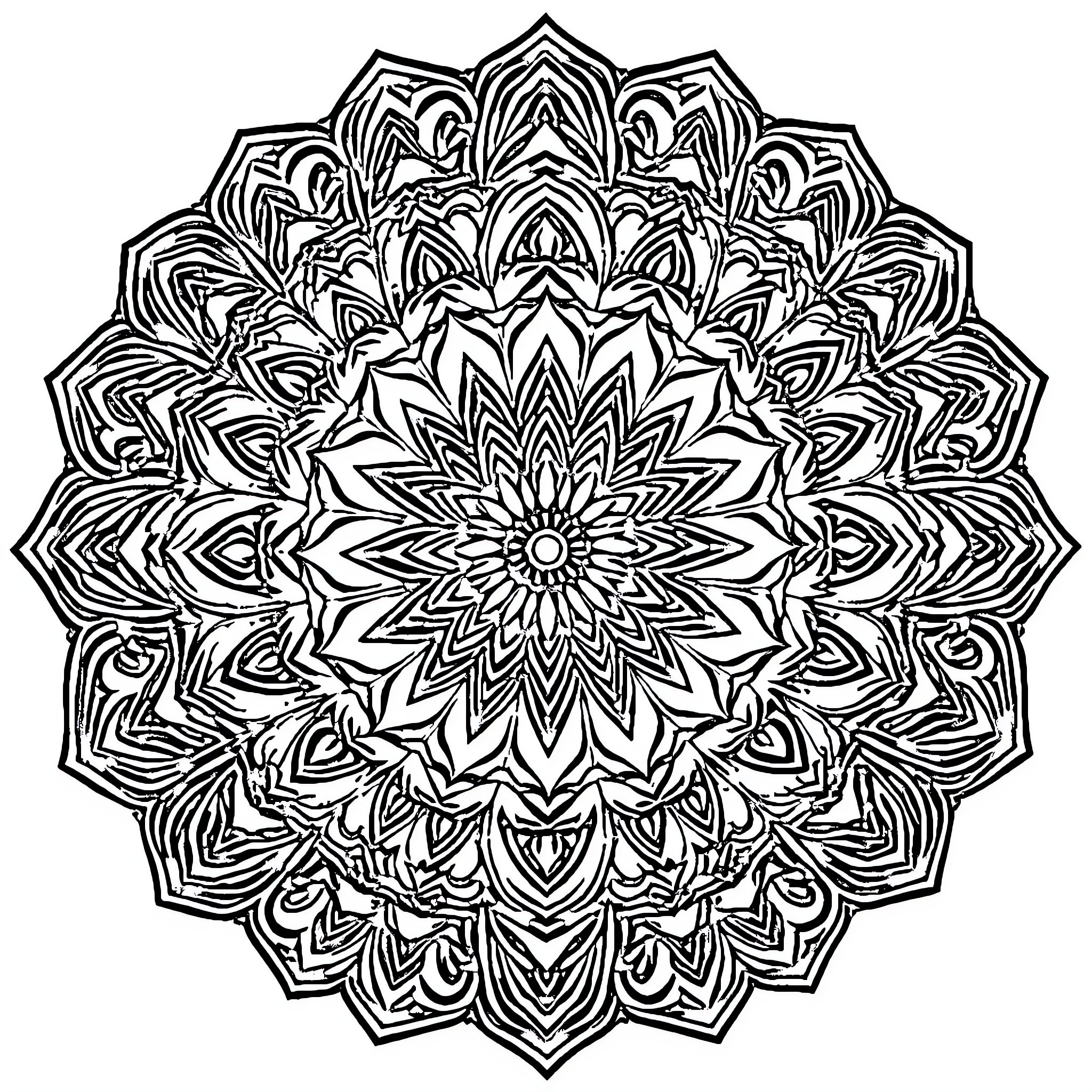Mandala of intricate geometric patterns Coloring Page (free black-and-white line drawing printable PDF for all, from beginners to advanced learners, including children, teens, adults, and seniors)