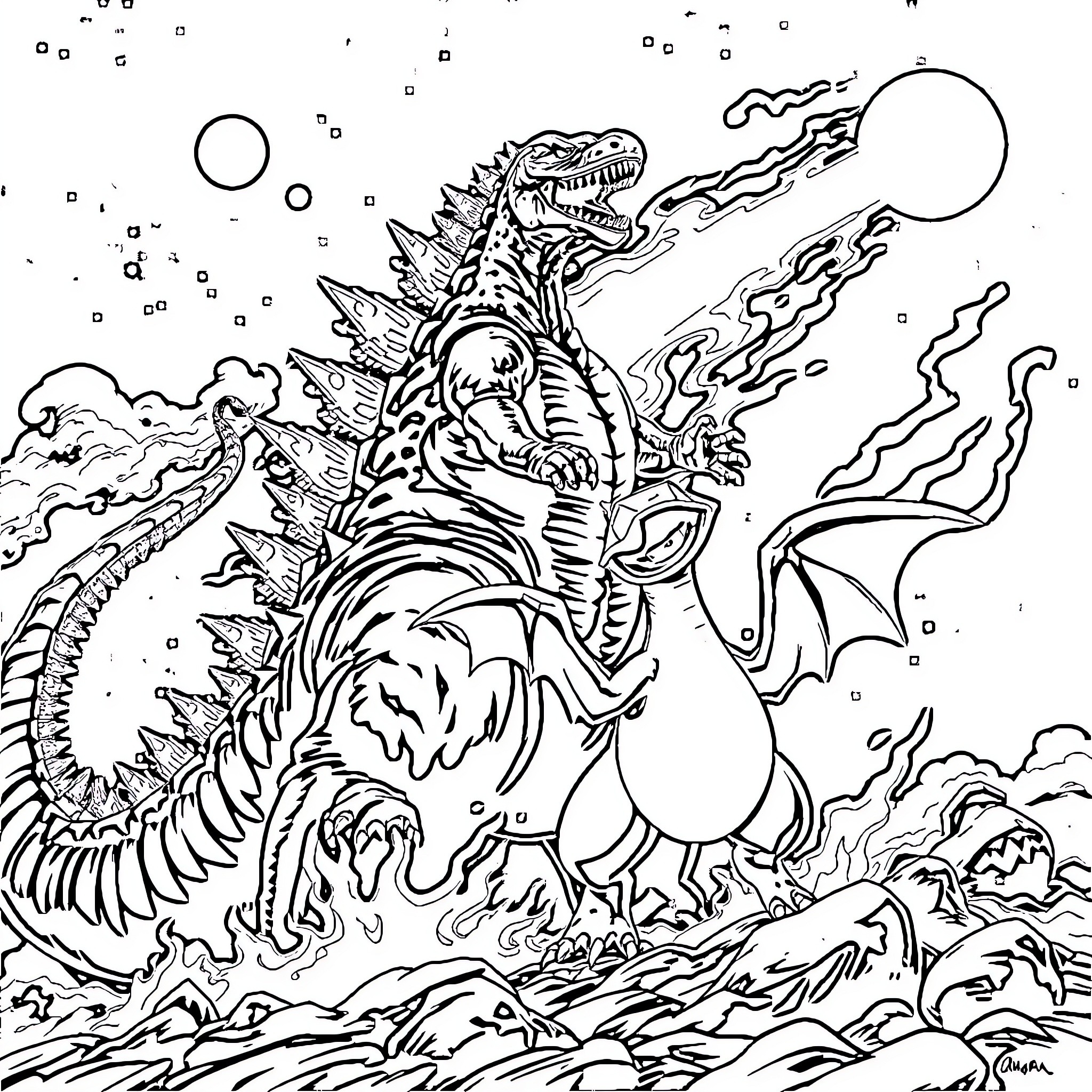 Godzilla unleashing nuclear fire in a stormy landscape Coloring Page (free black-and-white line drawing printable PDF for all, from beginners to advanced learners, including children, teens, adults, and seniors)