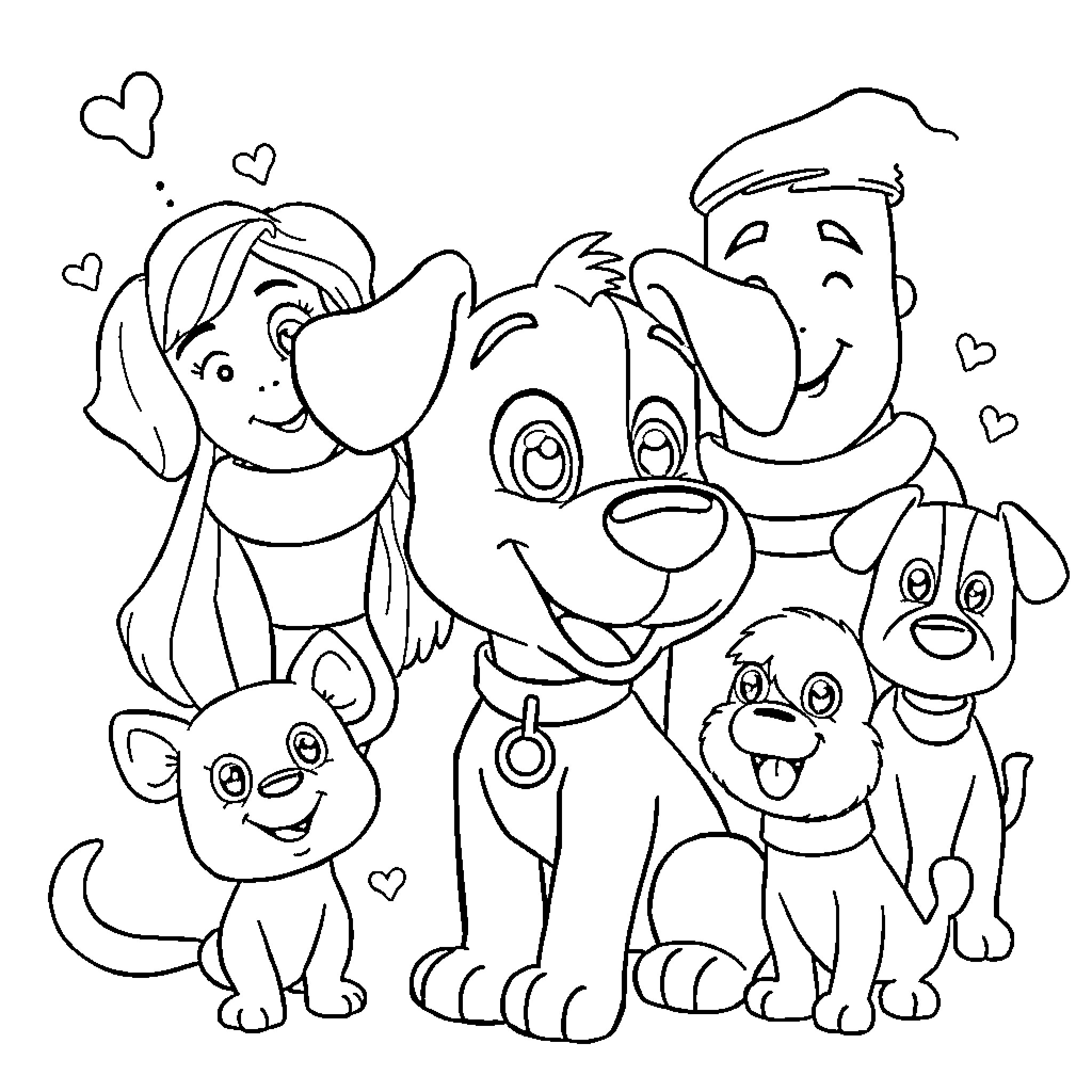 Bluey and family in a happy moment Coloring Page (free black-and-white line drawing printable PDF for all, from beginners to advanced learners, including children, teens, adults, and seniors)