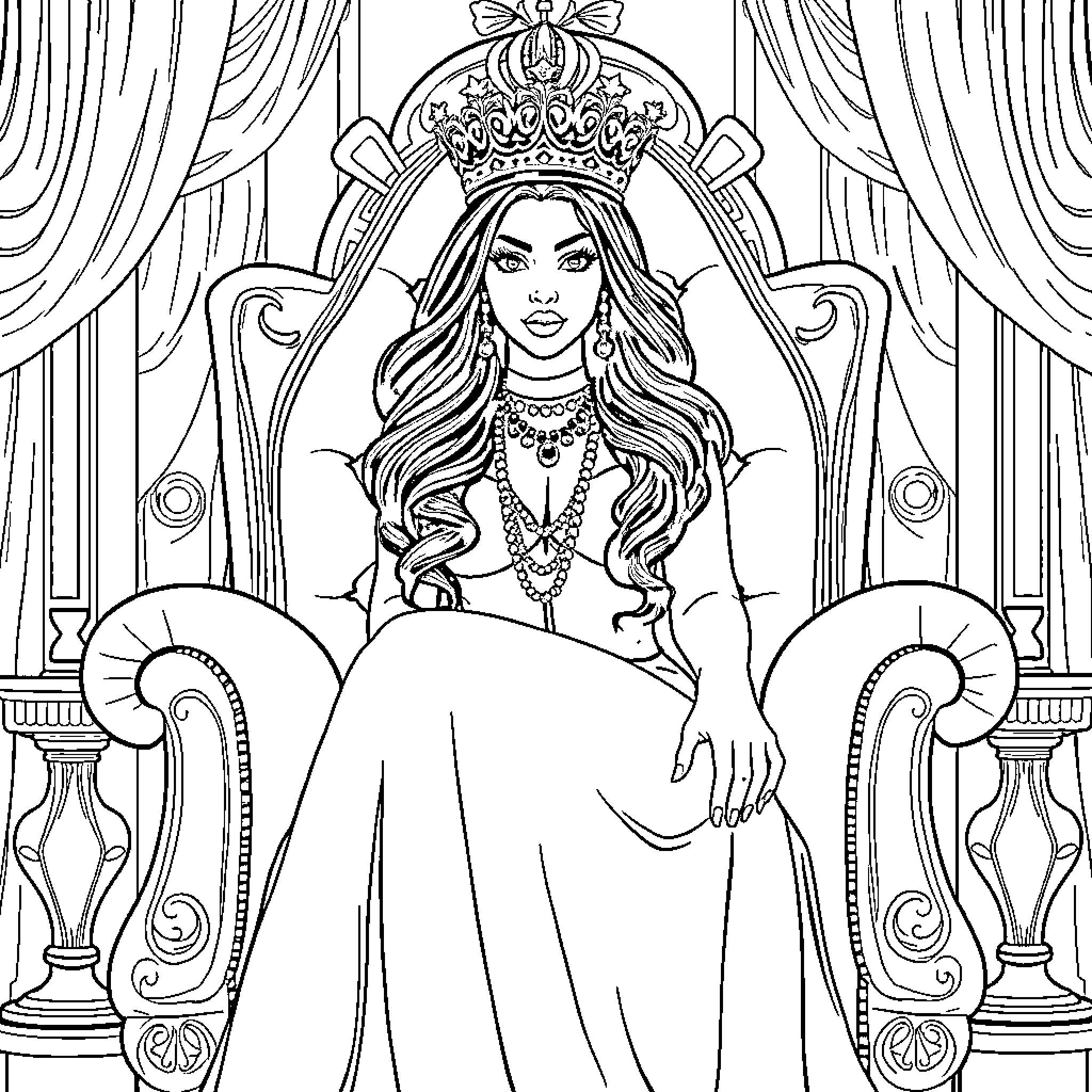 Nicki Minaj as a Regal Queen on a Throne Coloring Page (free black-and-white line drawing printable PDF for all, from beginners to advanced learners, including children, teens, adults, and seniors)