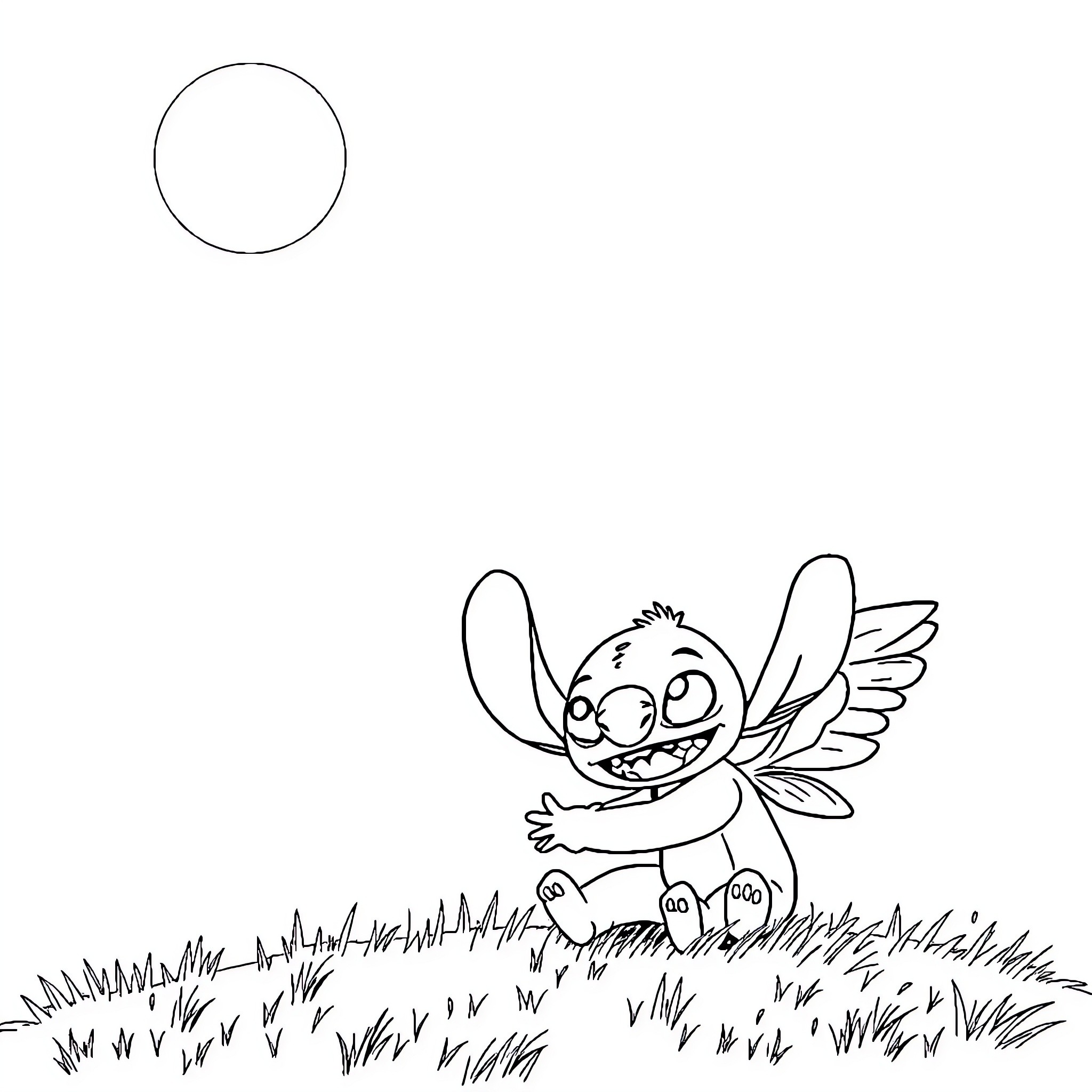 Stitch playing joyfully in the grass Coloring Page (free black-and-white line drawing printable PDF for all, from beginners to advanced learners, including children, teens, adults, and seniors)