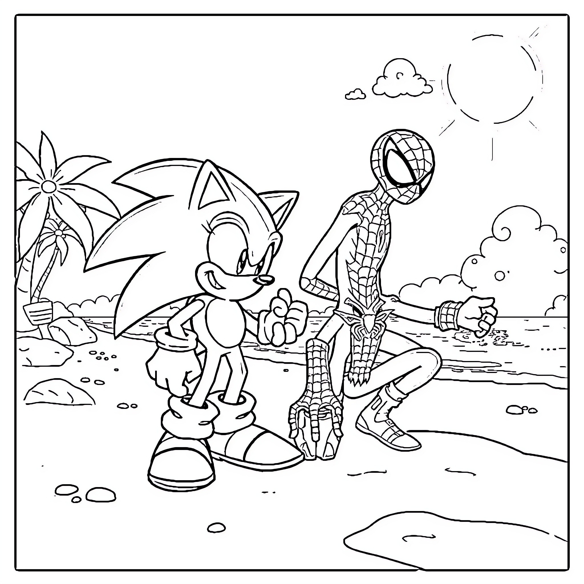 Sonic and Spiderman adventure on the beach Coloring Page (free black-and-white line drawing printable PDF for all, from beginners to advanced learners, including children, teens, adults, and seniors)