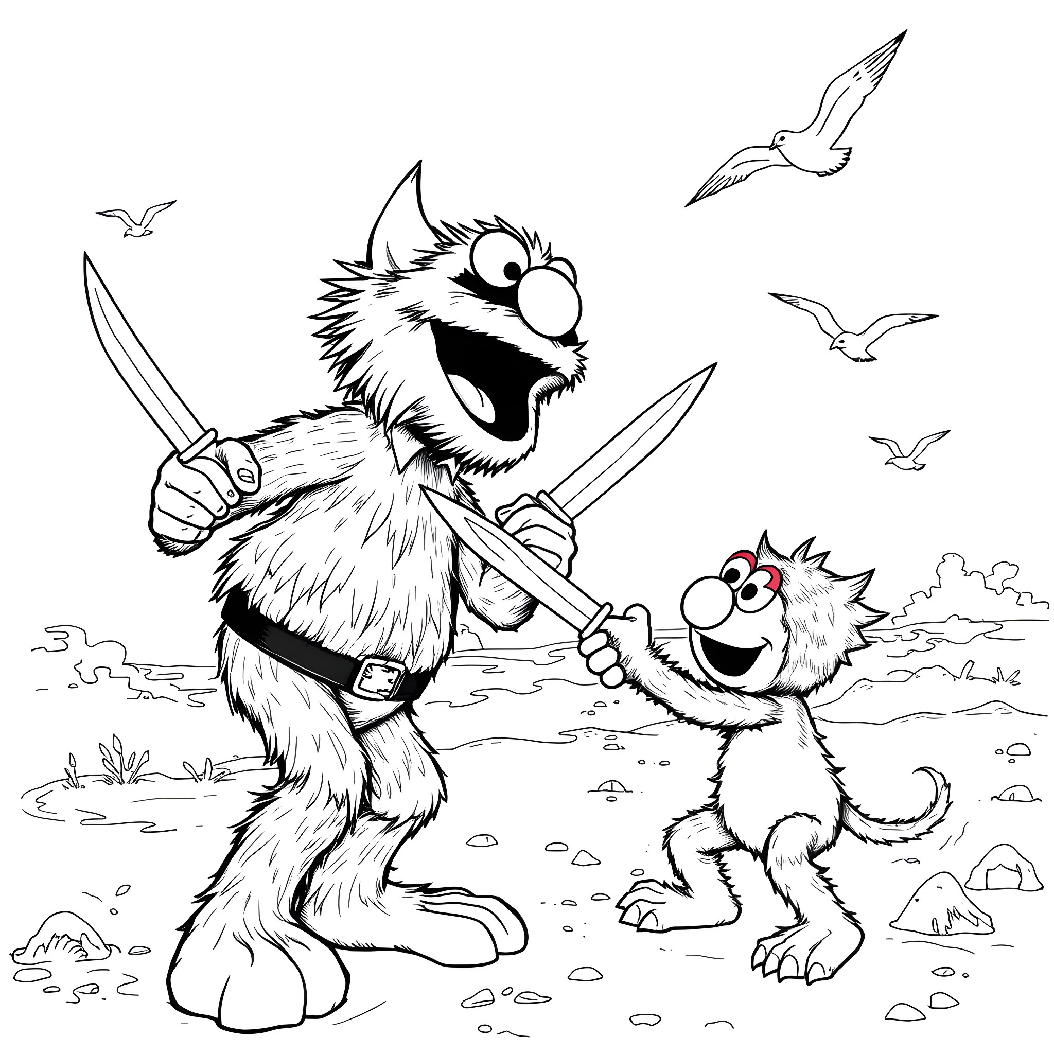 Elmo and Grover playing with swords in the wilderness Coloring Page (free black-and-white line drawing printable PDF for all, from beginners to advanced learners, including children, teens, adults, and seniors)