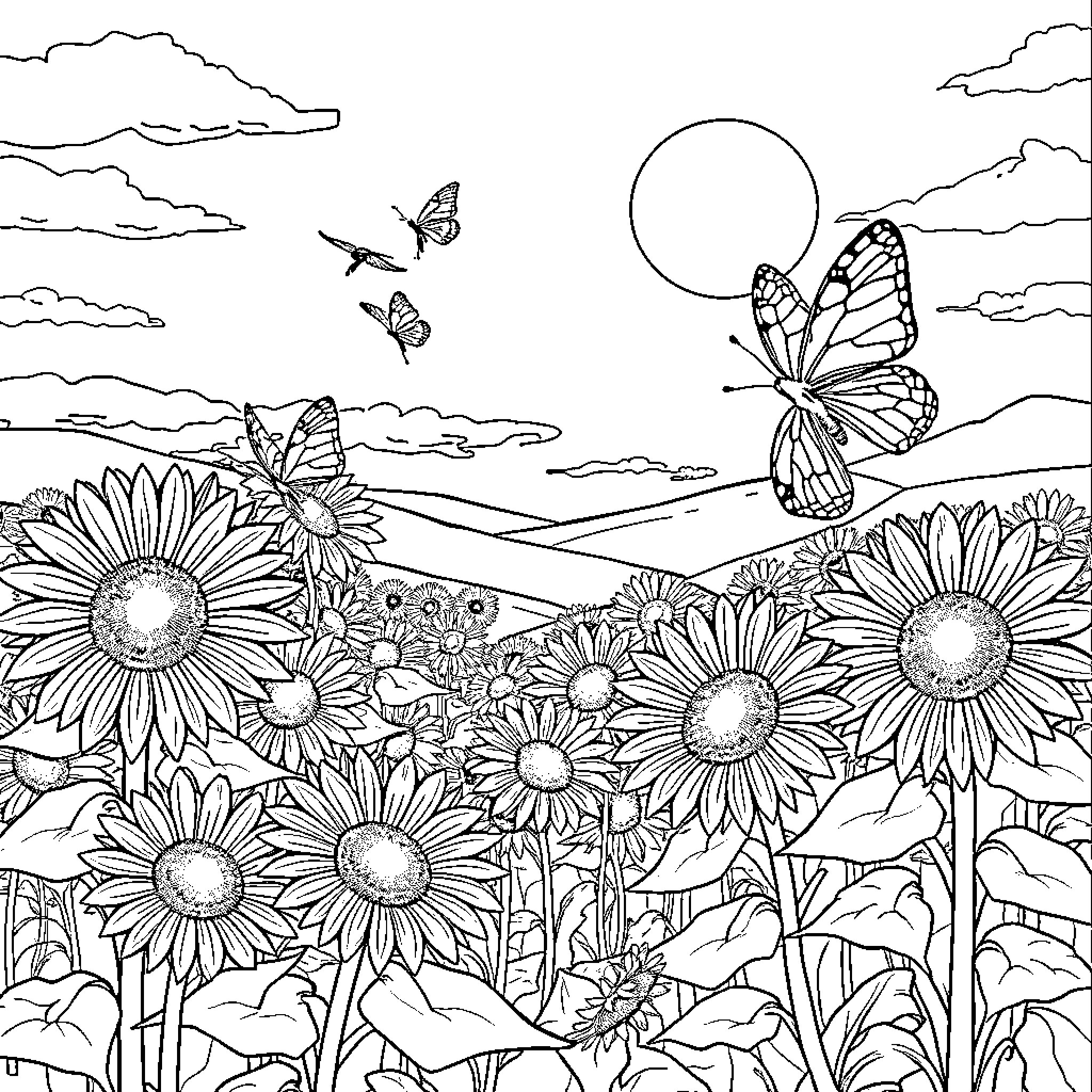 Sunflower Field with Butterflies on a Cloudy Day Coloring Page (free black-and-white line drawing printable PDF for all, from beginners to advanced learners, including children, teens, adults, and seniors)