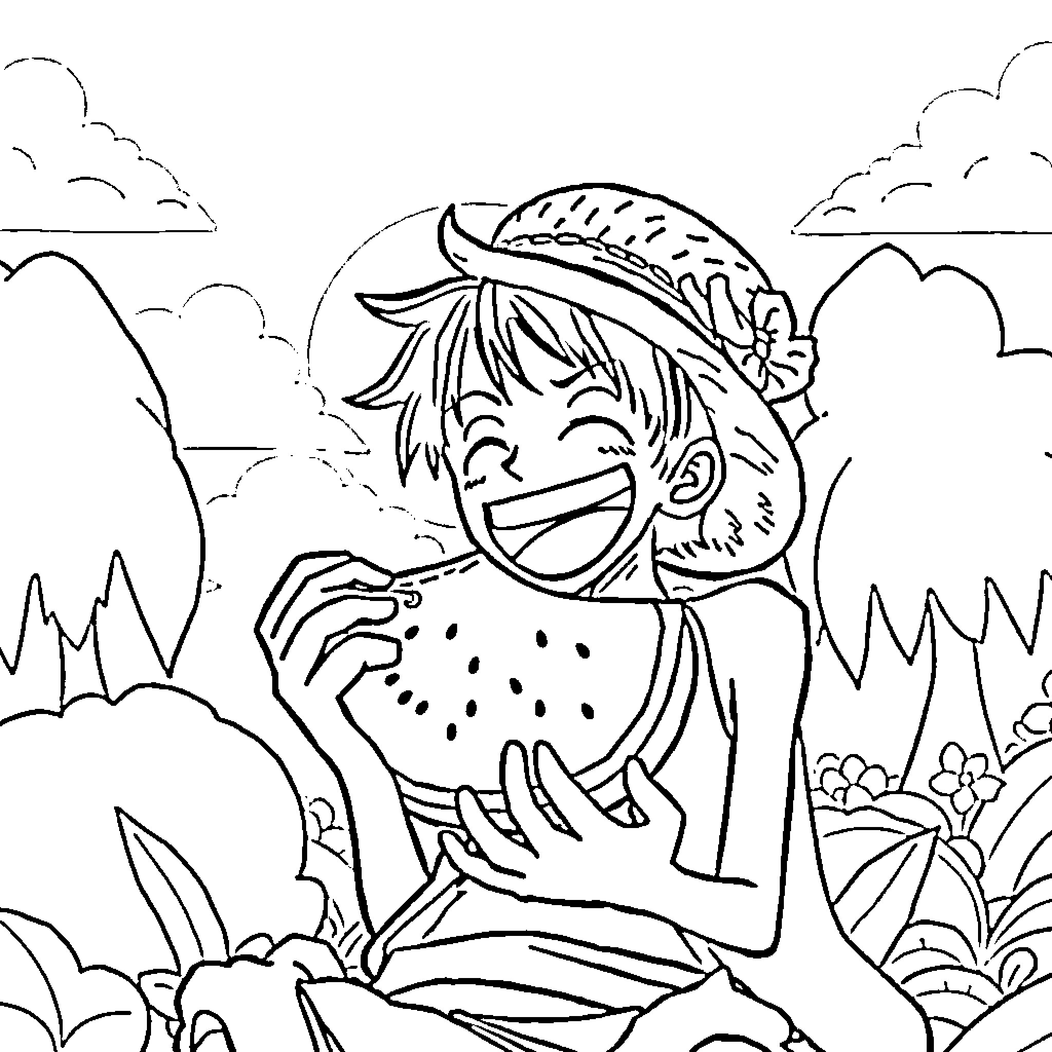 Luffy enjoying a refreshing watermelon in the countryside Coloring Page (free black-and-white line drawing printable PDF for all, from beginners to advanced learners, including children, teens, adults, and seniors)