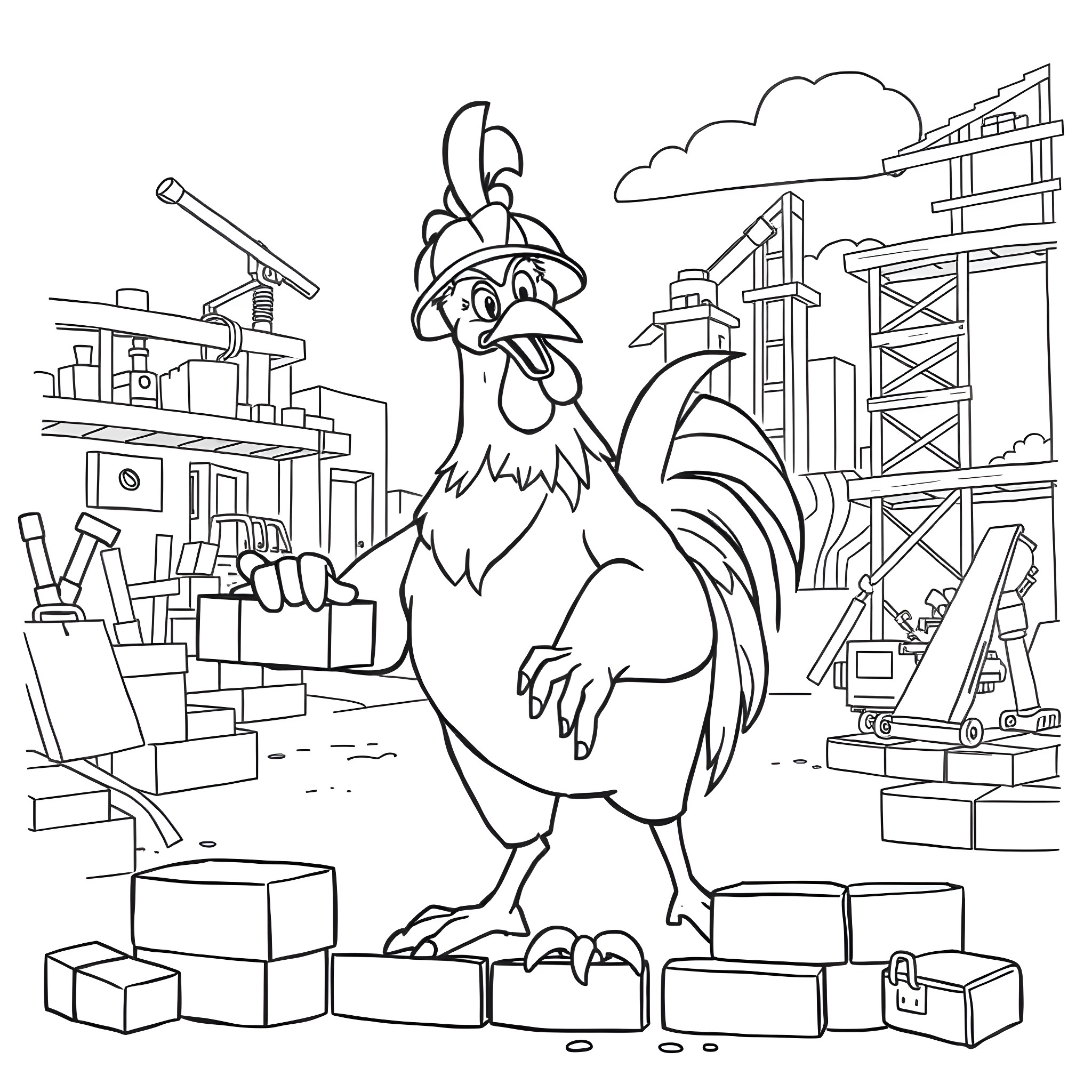 Foghorn Leghorn on a construction site Coloring Page (free black-and-white line drawing printable PDF for all, from beginners to advanced learners, including children, teens, adults, and seniors)