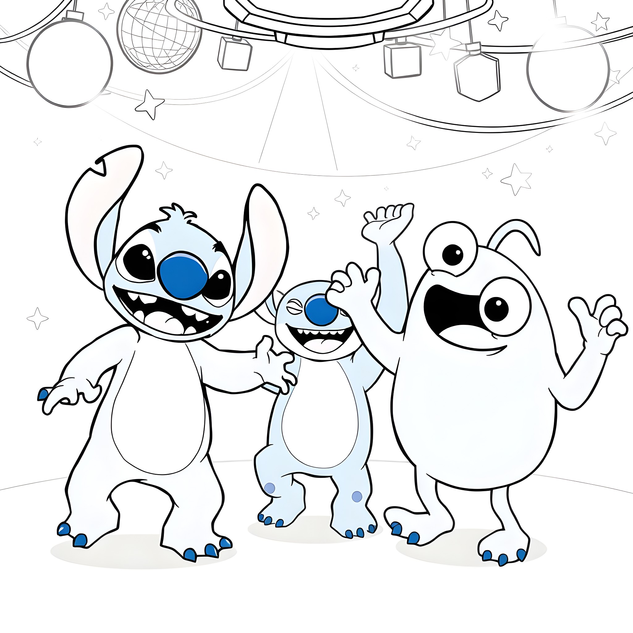 Monster friends having fun in the space Coloring Page (free black-and-white line drawing printable PDF for all, from beginners to advanced learners, including children, teens, adults, and seniors)
