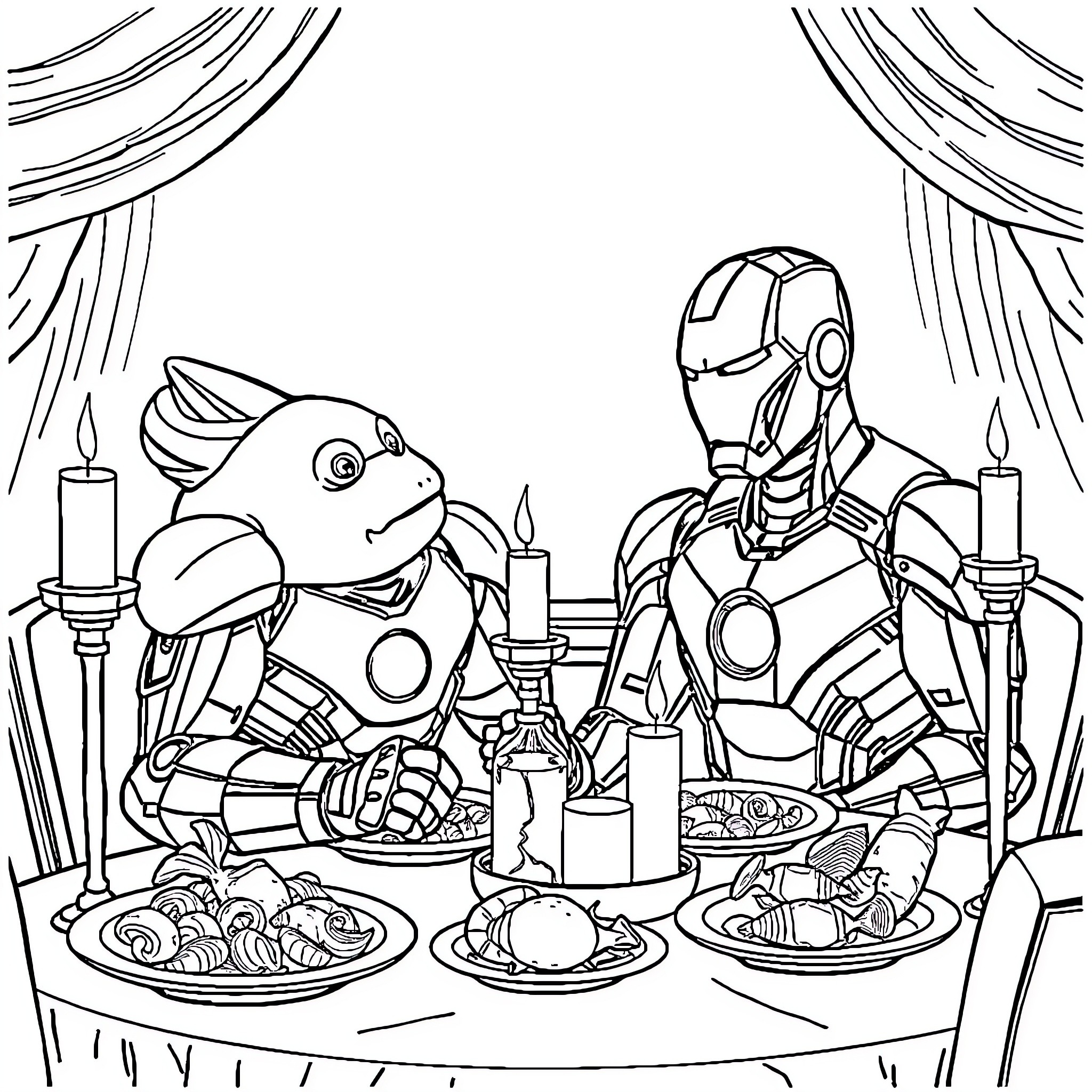Ironman enjoying a feast with sea creature companions Coloring Page (free black-and-white line drawing printable PDF for all, from beginners to advanced learners, including children, teens, adults, and seniors)
