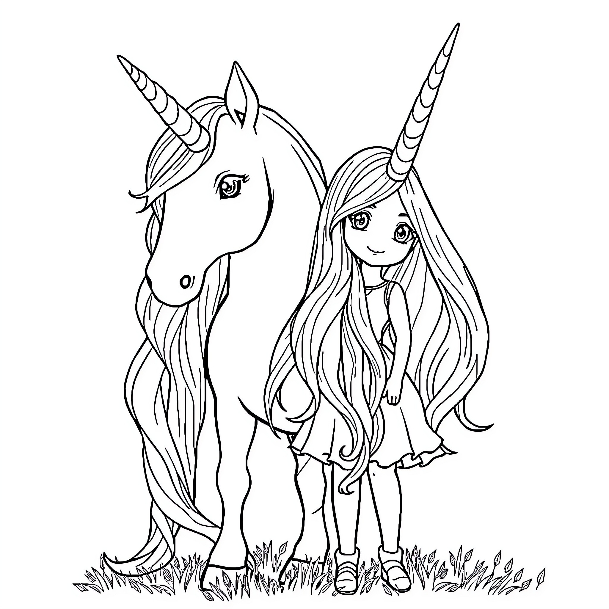 Unicorn and girl in magical meadow Coloring Page (free black-and-white line drawing printable PDF for all, from beginners to advanced learners, including children, teens, adults, and seniors)