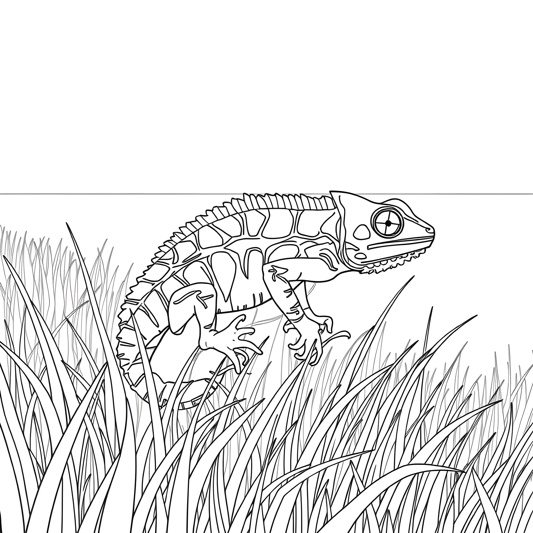 Chameleon hiding in the tall grass Coloring Page (free black-and-white line drawing printable PDF for all, from beginners to advanced learners, including children, teens, adults, and seniors)