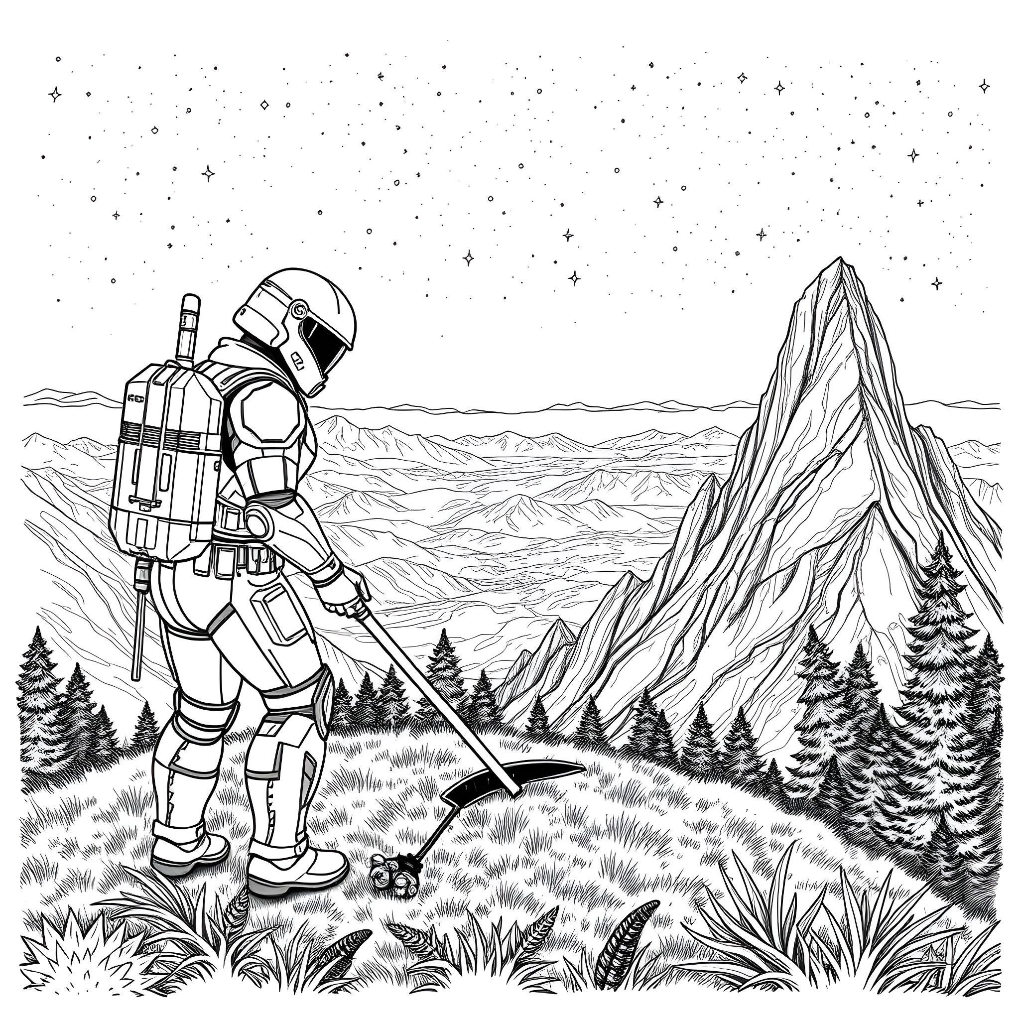 Space Marine Explores the Alien Landscape Coloring Page (free black-and-white line drawing printable PDF for all, from beginners to advanced learners, including children, teens, adults, and seniors)