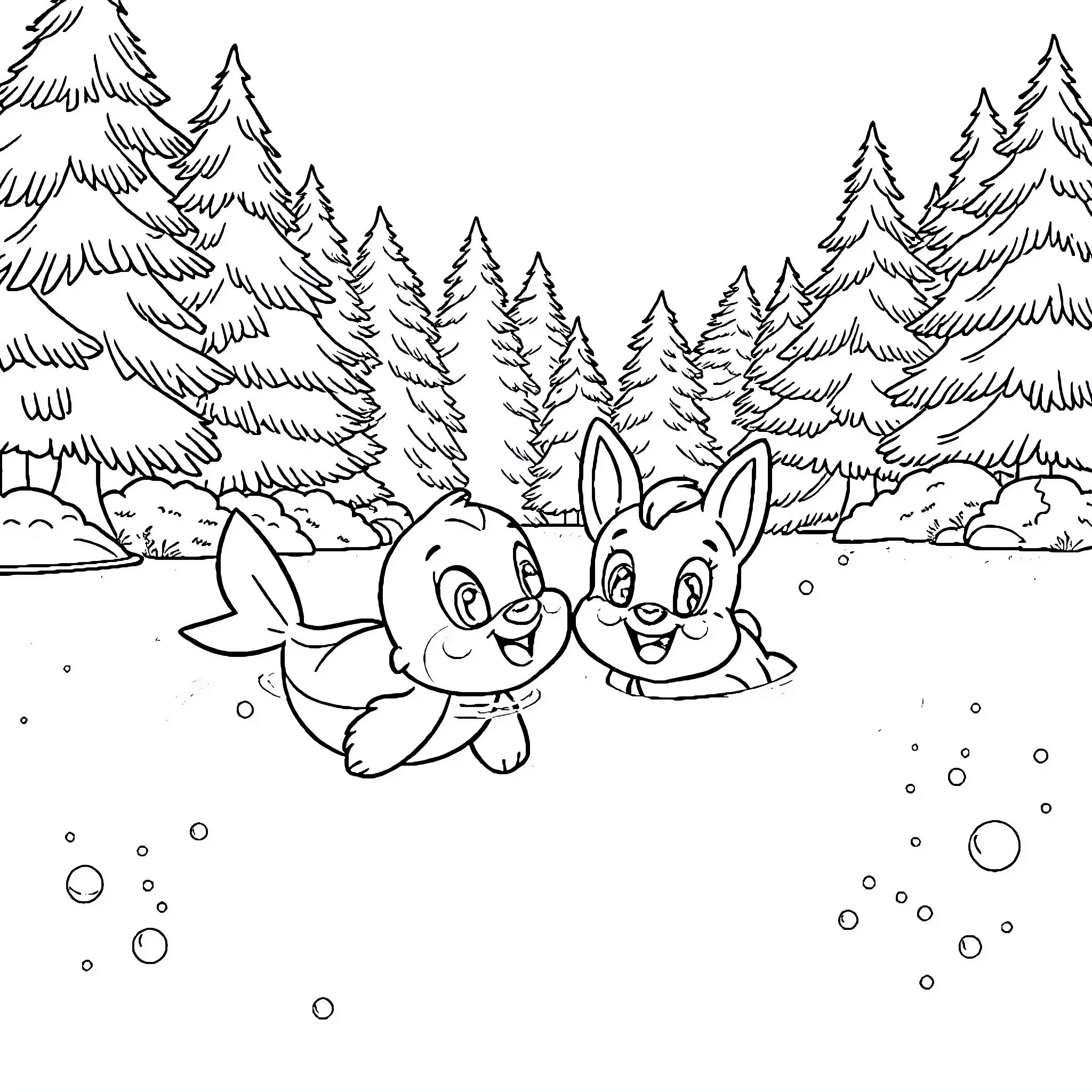 Bluey's Snowy Adventure with Friends Coloring Page (free black-and-white line drawing printable PDF for all, from beginners to advanced learners, including children, teens, adults, and seniors)
