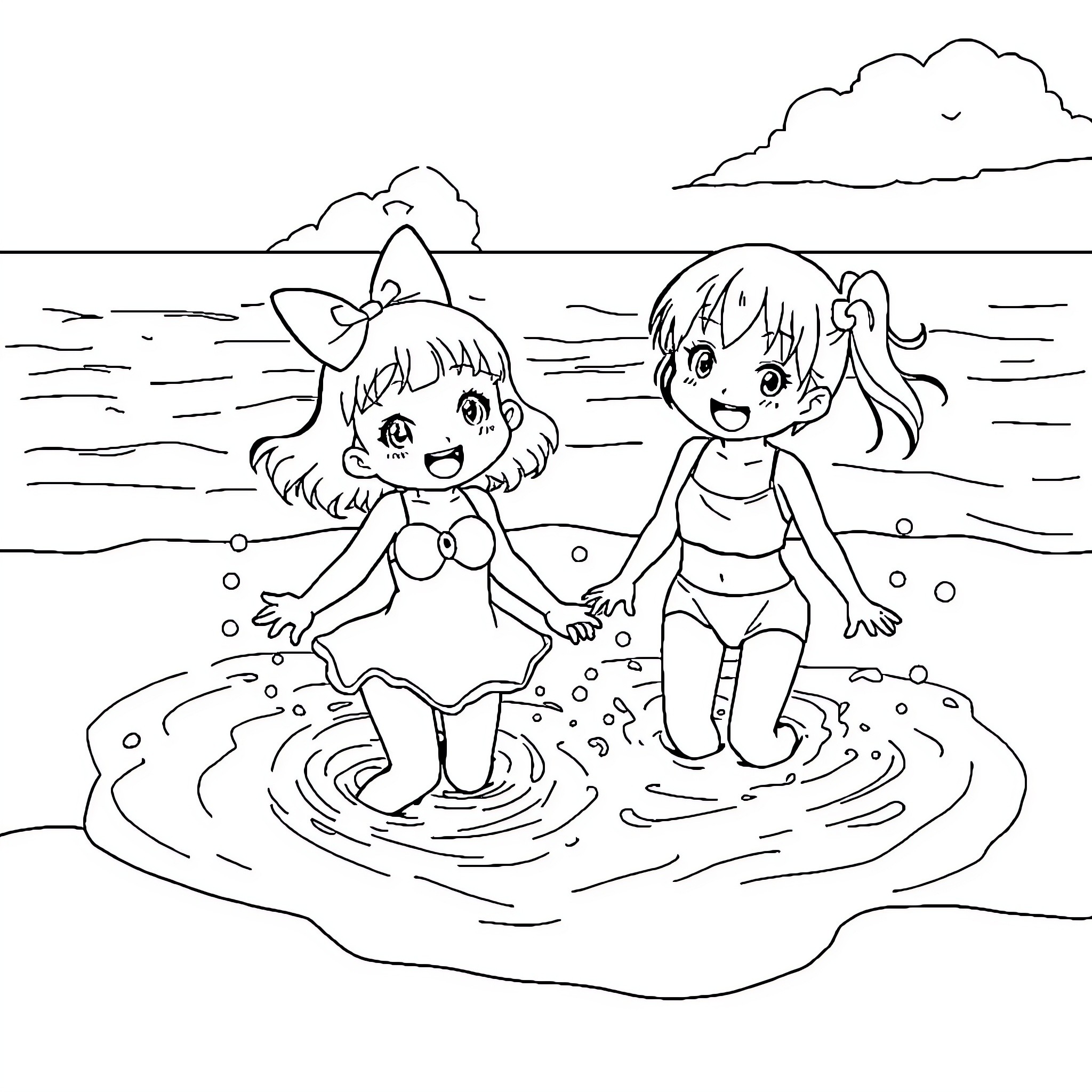 Melody of Joyful Beach Adventure Coloring Page (free black-and-white line drawing printable PDF for all, from beginners to advanced learners, including children, teens, adults, and seniors)