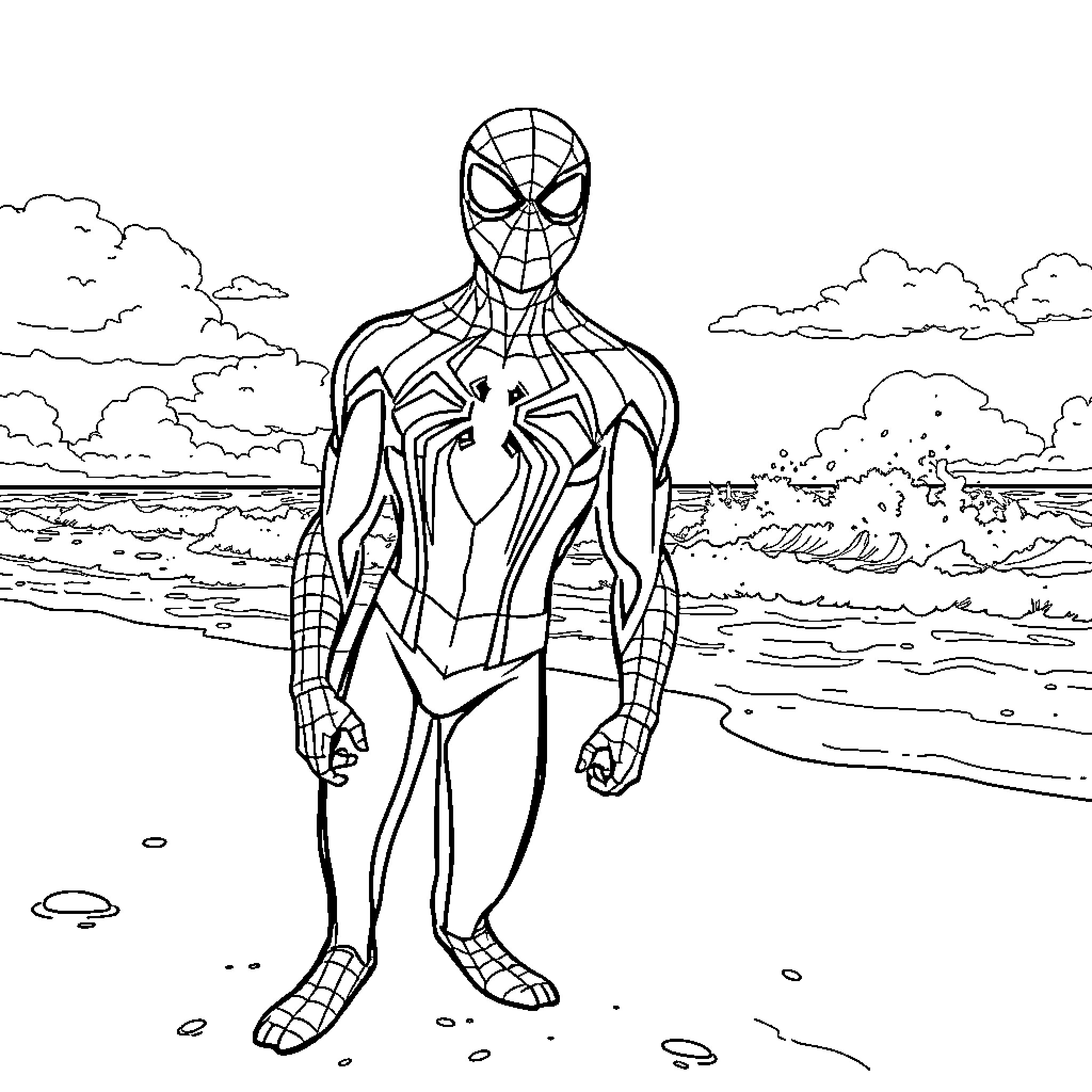 Spider-Man standing heroically on the beach Coloring Page (free black-and-white line drawing printable PDF for all, from beginners to advanced learners, including children, teens, adults, and seniors)