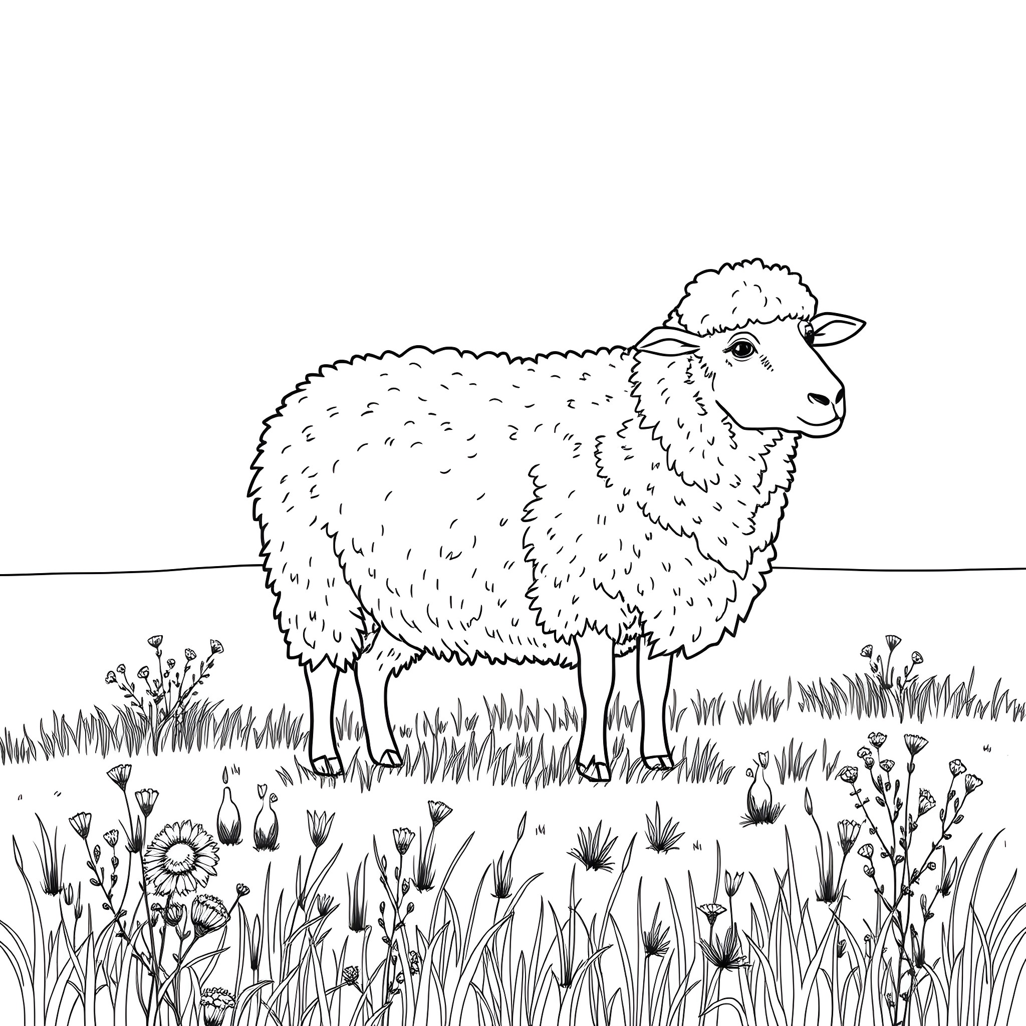 Sheep standing in a grassy field with flowers Coloring Page (free black-and-white line drawing printable PDF for all, from beginners to advanced learners, including children, teens, adults, and seniors)