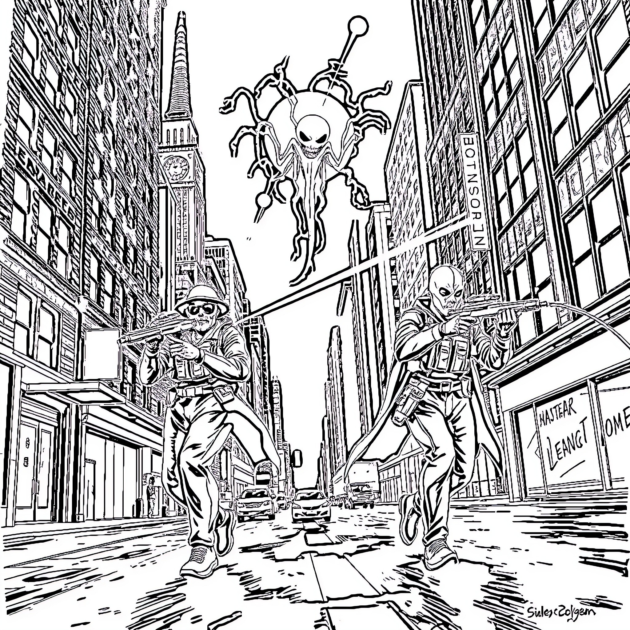 Ecto 1: Ghostbusters in Action on the City Streets Coloring Page (free black-and-white line drawing printable PDF for all, from beginners to advanced learners, including children, teens, adults, and seniors)