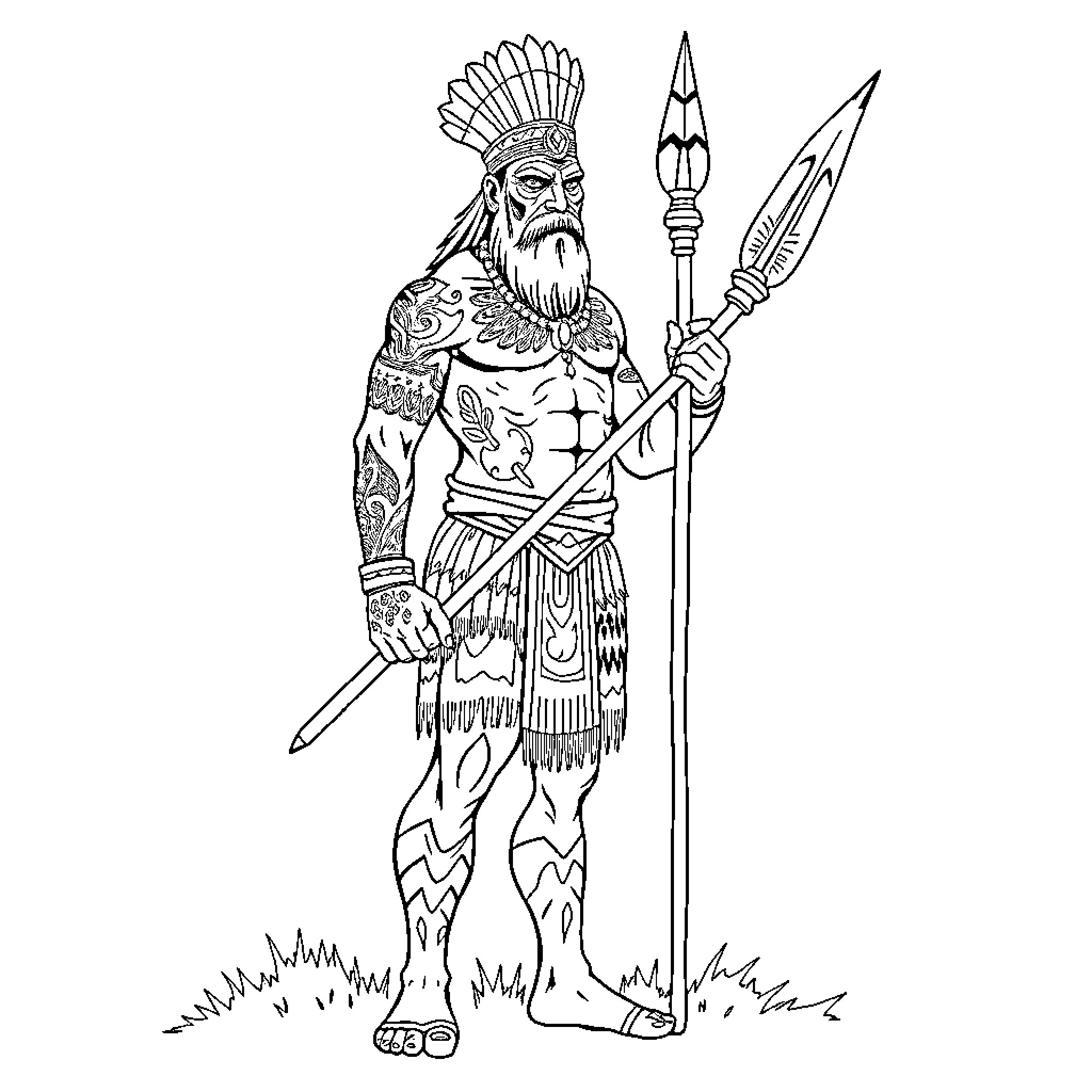 Maori Warrior Standing in Ceremonial Attire Coloring Page (free black-and-white line drawing printable PDF for all, from beginners to advanced learners, including children, teens, adults, and seniors)