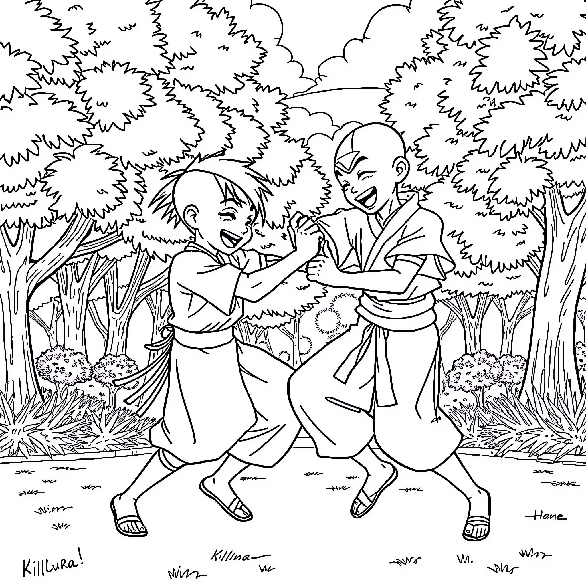 Killua! Fighting friends in the forest Coloring Page (free black-and-white line drawing printable PDF for all, from beginners to advanced learners, including children, teens, adults, and seniors)