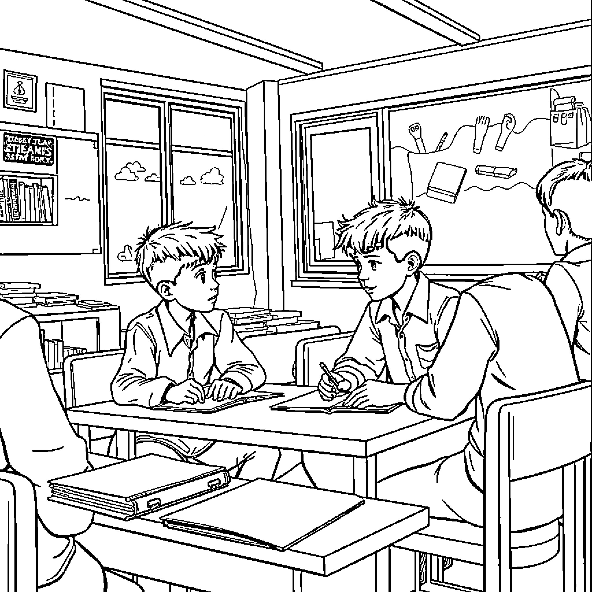 Boys studying intently in a classroom Coloring Page (free black-and-white line drawing printable PDF for all, from beginners to advanced learners, including children, teens, adults, and seniors)