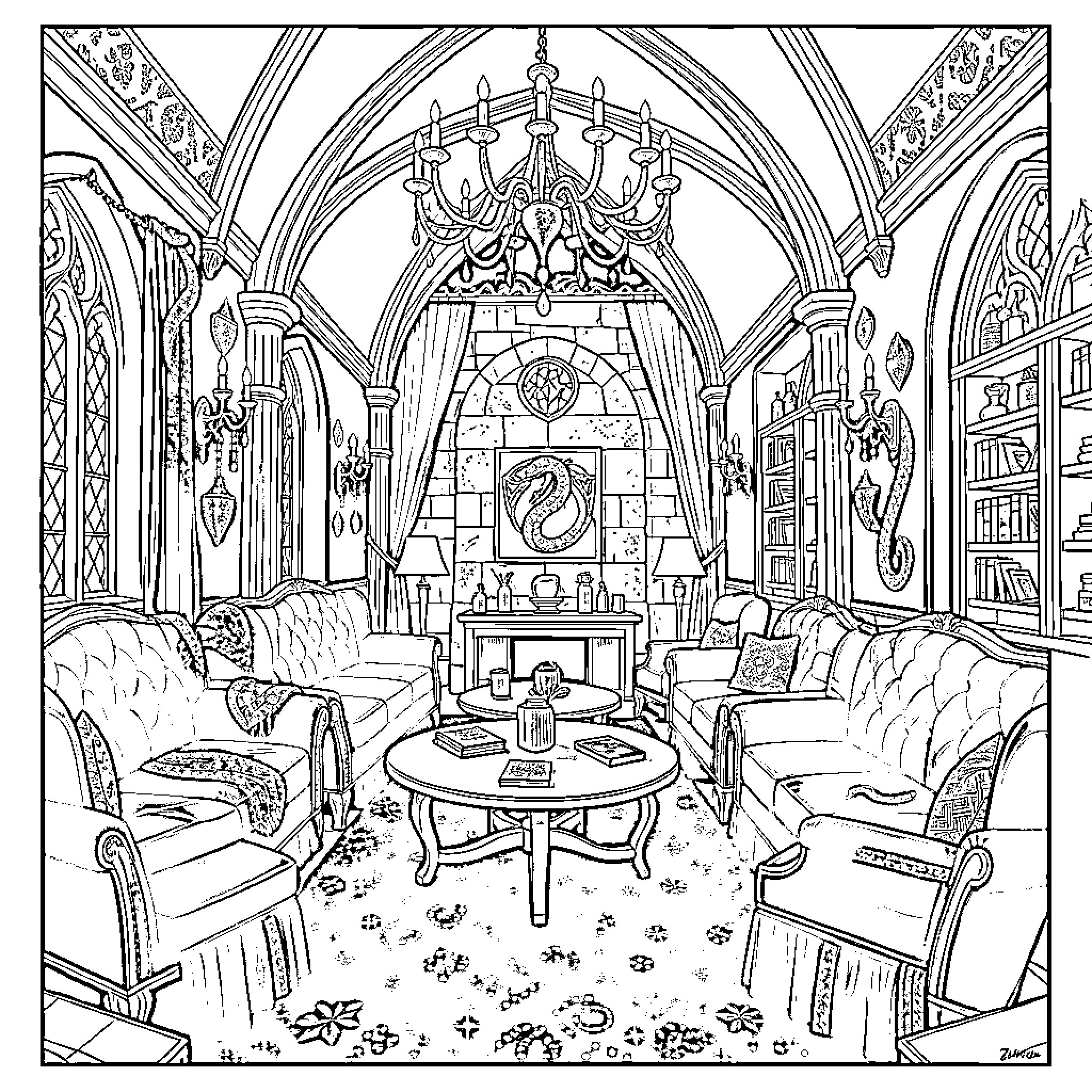 Slytherin's Enchanting Common Room Coloring Page (free black-and-white line drawing printable PDF for all, from beginners to advanced learners, including children, teens, adults, and seniors)