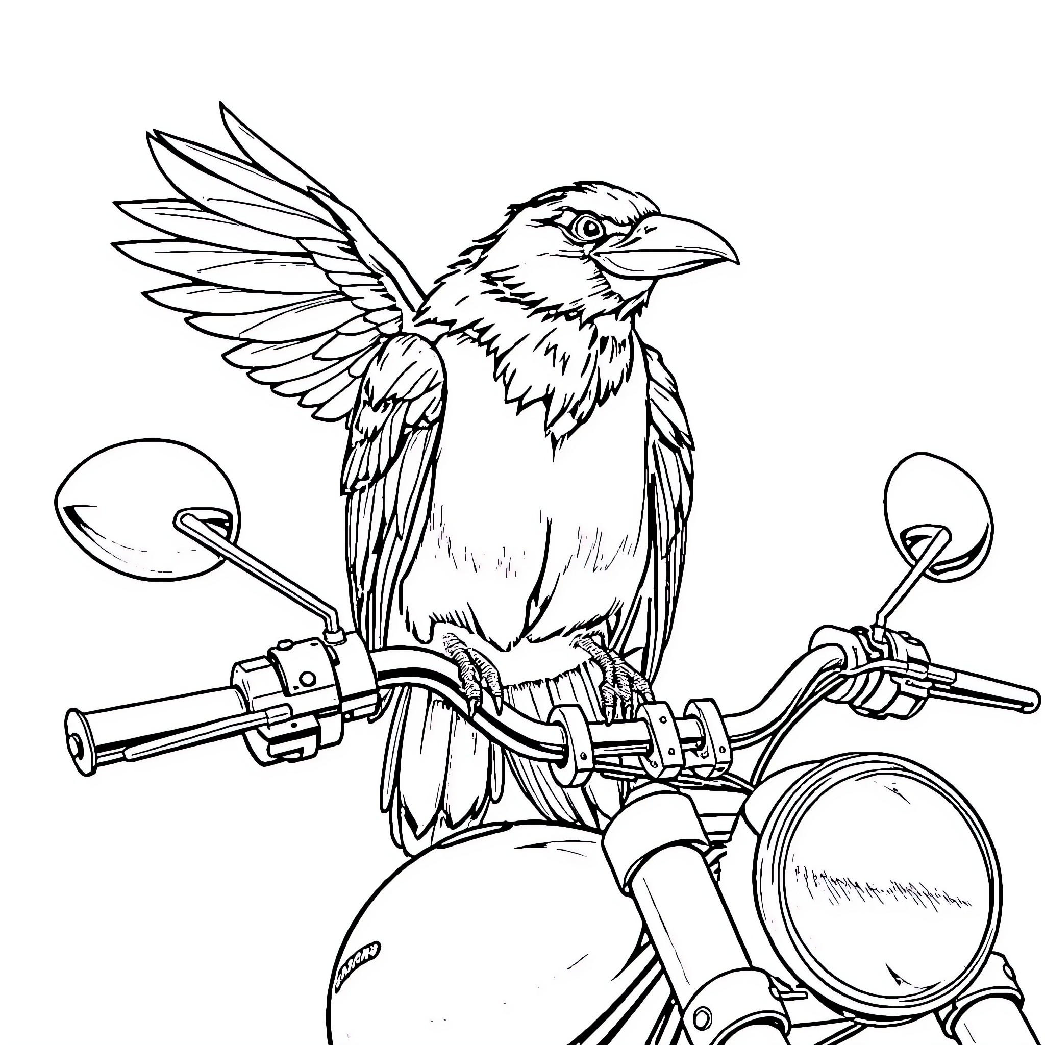 Crow riding a motorcycle with open wings Coloring Page (free black-and-white line drawing printable PDF for all, from beginners to advanced learners, including children, teens, adults, and seniors)