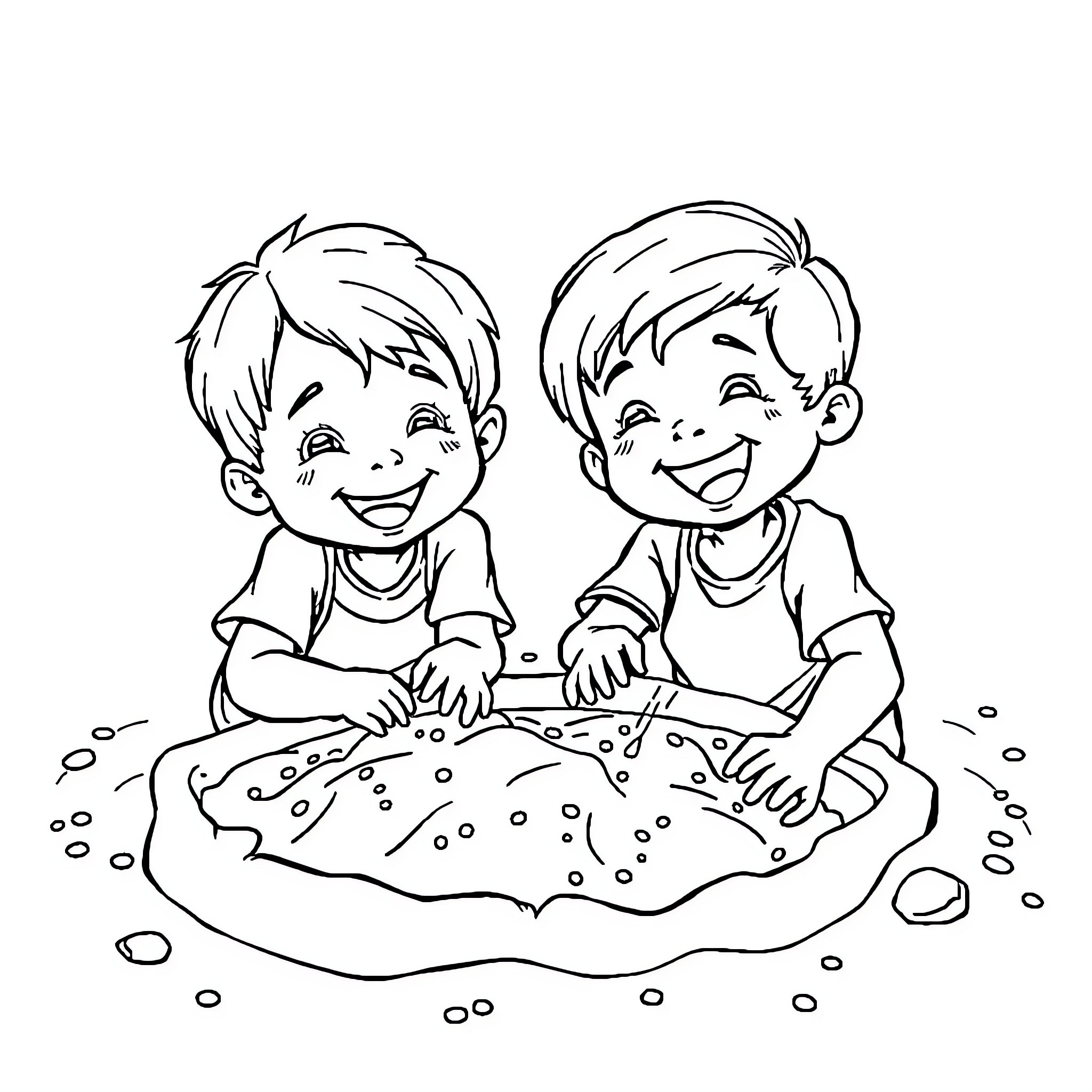 Kids Playing in the Sandbox Coloring Page (free black-and-white line drawing printable PDF for all, from beginners to advanced learners, including children, teens, adults, and seniors)