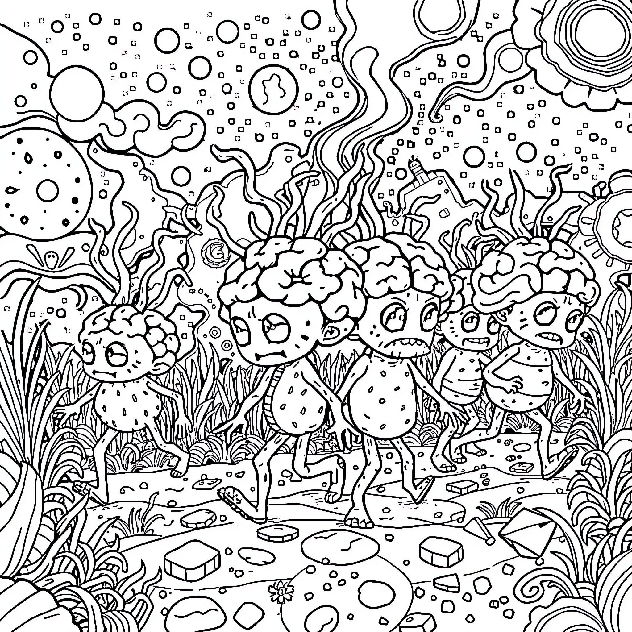Brainrot: Fungal friends dance in a psychedelic forest Coloring Page (free black-and-white line drawing printable PDF for all, from beginners to advanced learners, including children, teens, adults, and seniors)