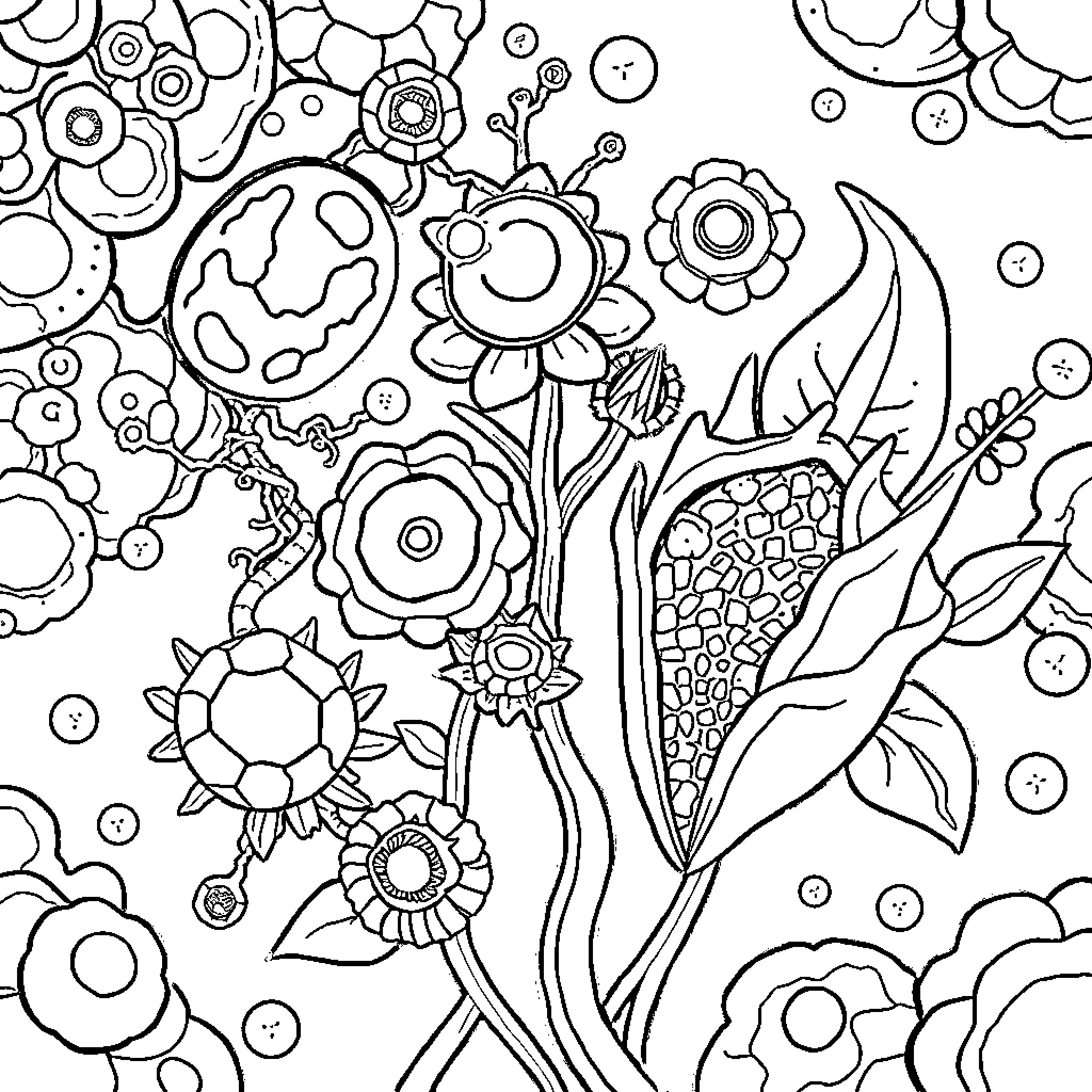 Organelle Floral Abstraction Coloring Page (free black-and-white line drawing printable PDF for all, from beginners to advanced learners, including children, teens, adults, and seniors)