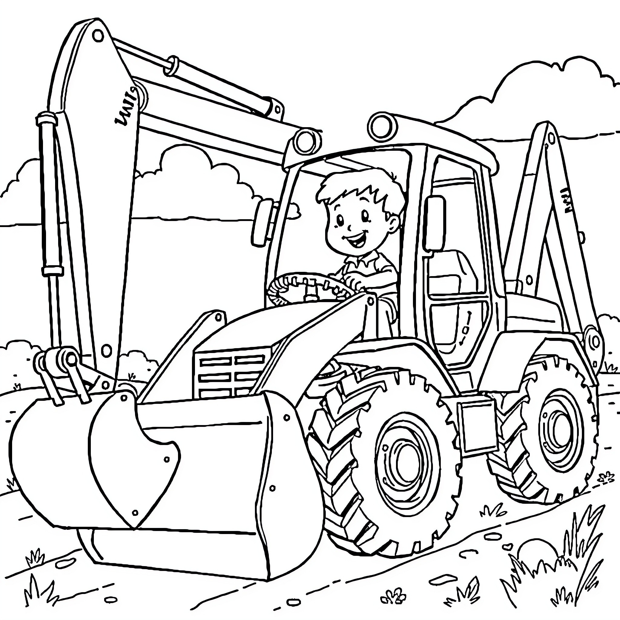 Excavator Operated by Smiling Boy on Construction Site Coloring Page (free black-and-white line drawing printable PDF for all, from beginners to advanced learners, including children, teens, adults, and seniors)