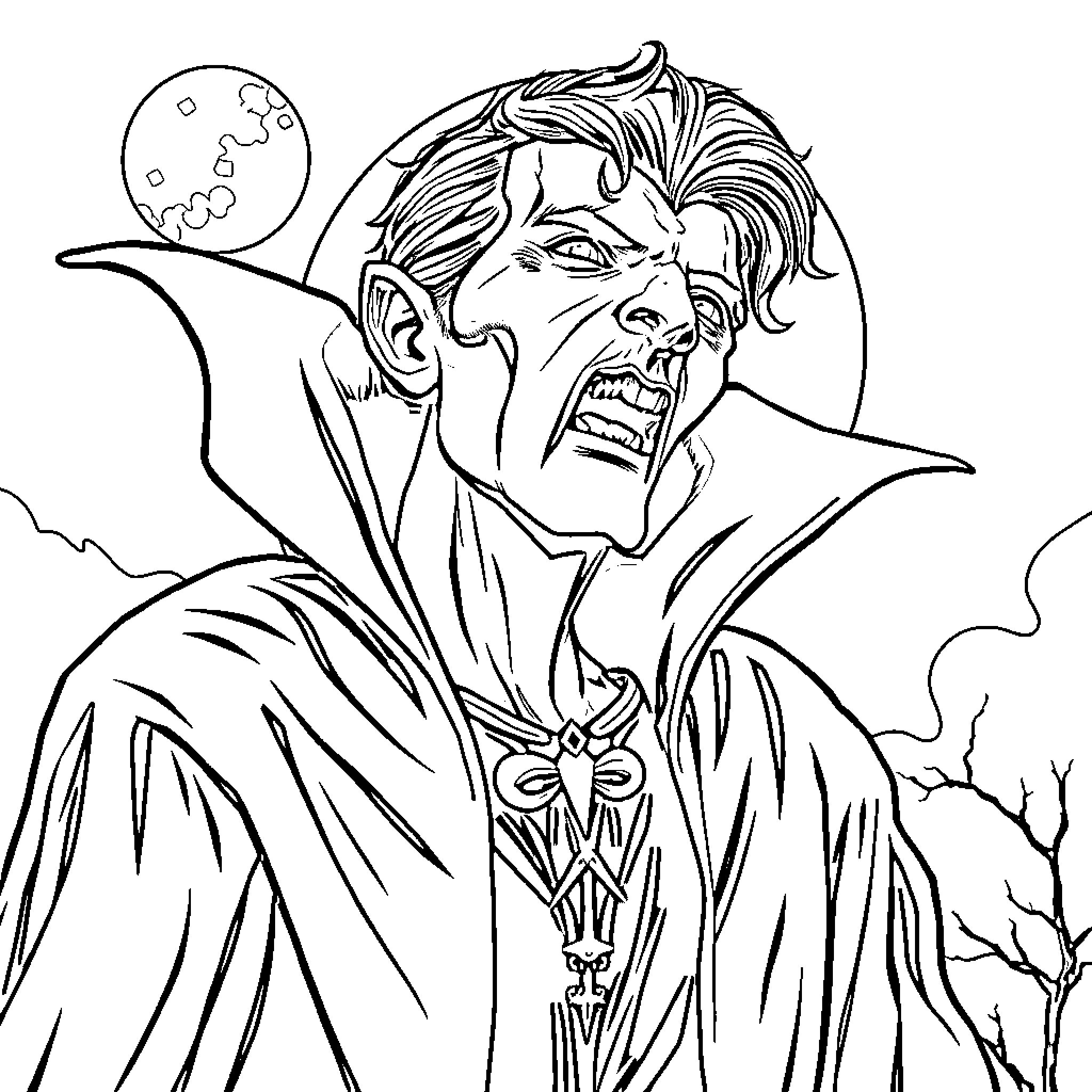 Vampire Unleashing Dark Powers Under the Ominous Moon Coloring Page (free black-and-white line drawing printable PDF for all, from beginners to advanced learners, including children, teens, adults, and seniors)