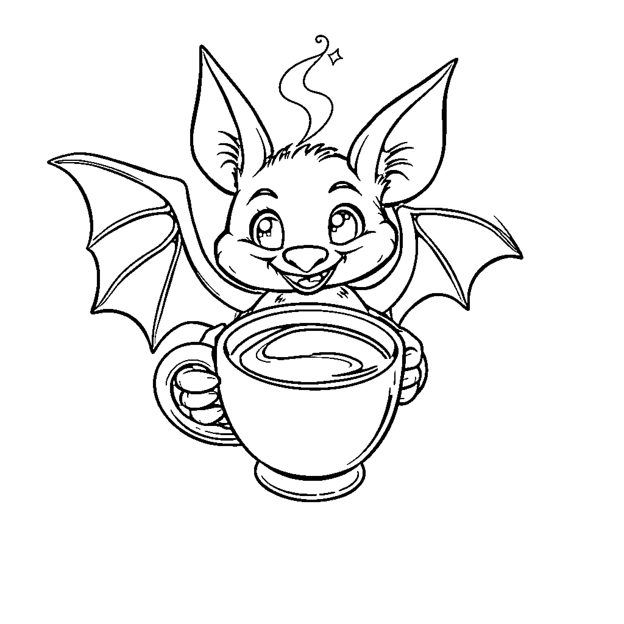 Bat enjoying a hot beverage Coloring Page (free black-and-white line drawing printable PDF for all, from beginners to advanced learners, including children, teens, adults, and seniors)