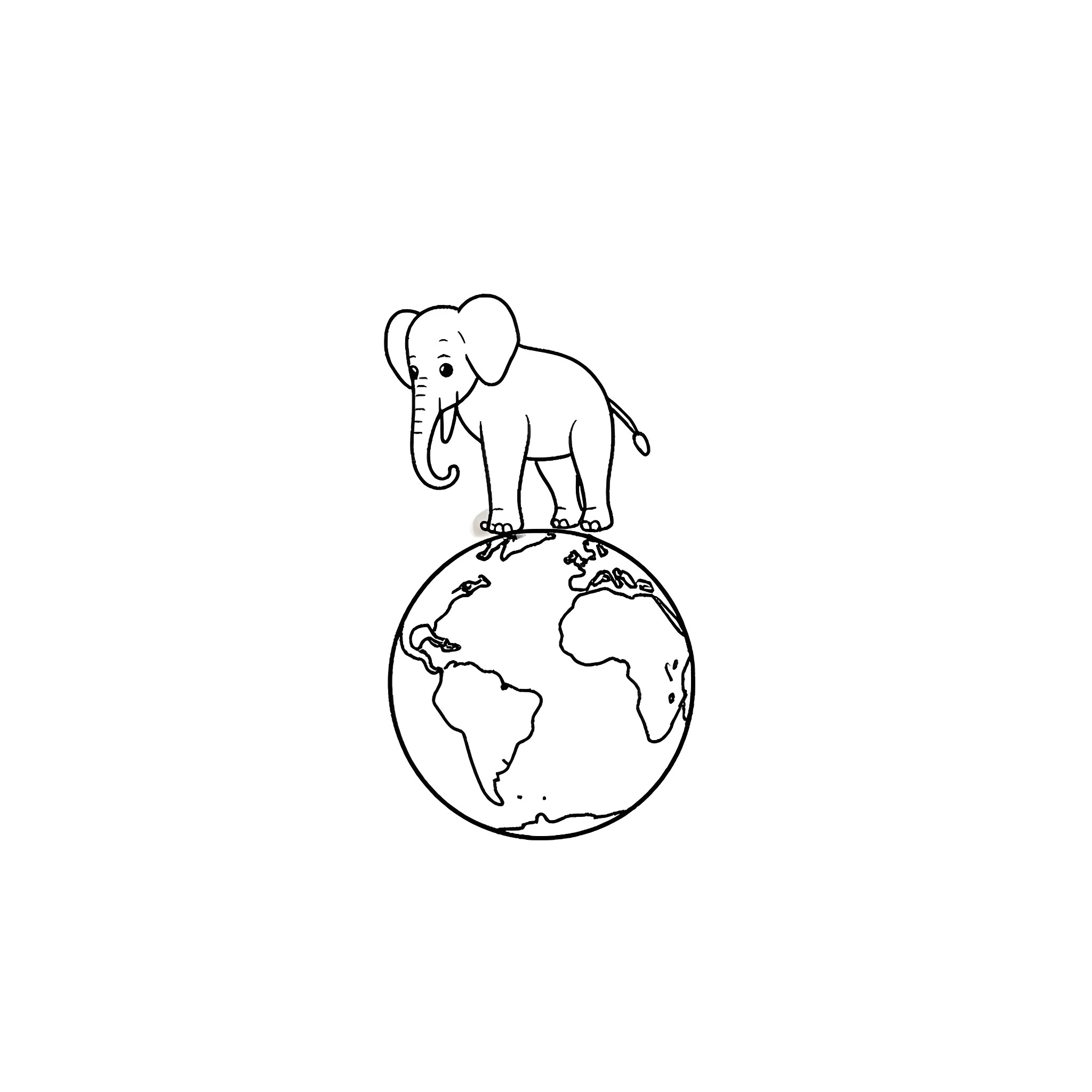 Elephant standing on the globe Coloring Page (free black-and-white line drawing printable PDF for all, from beginners to advanced learners, including children, teens, adults, and seniors)