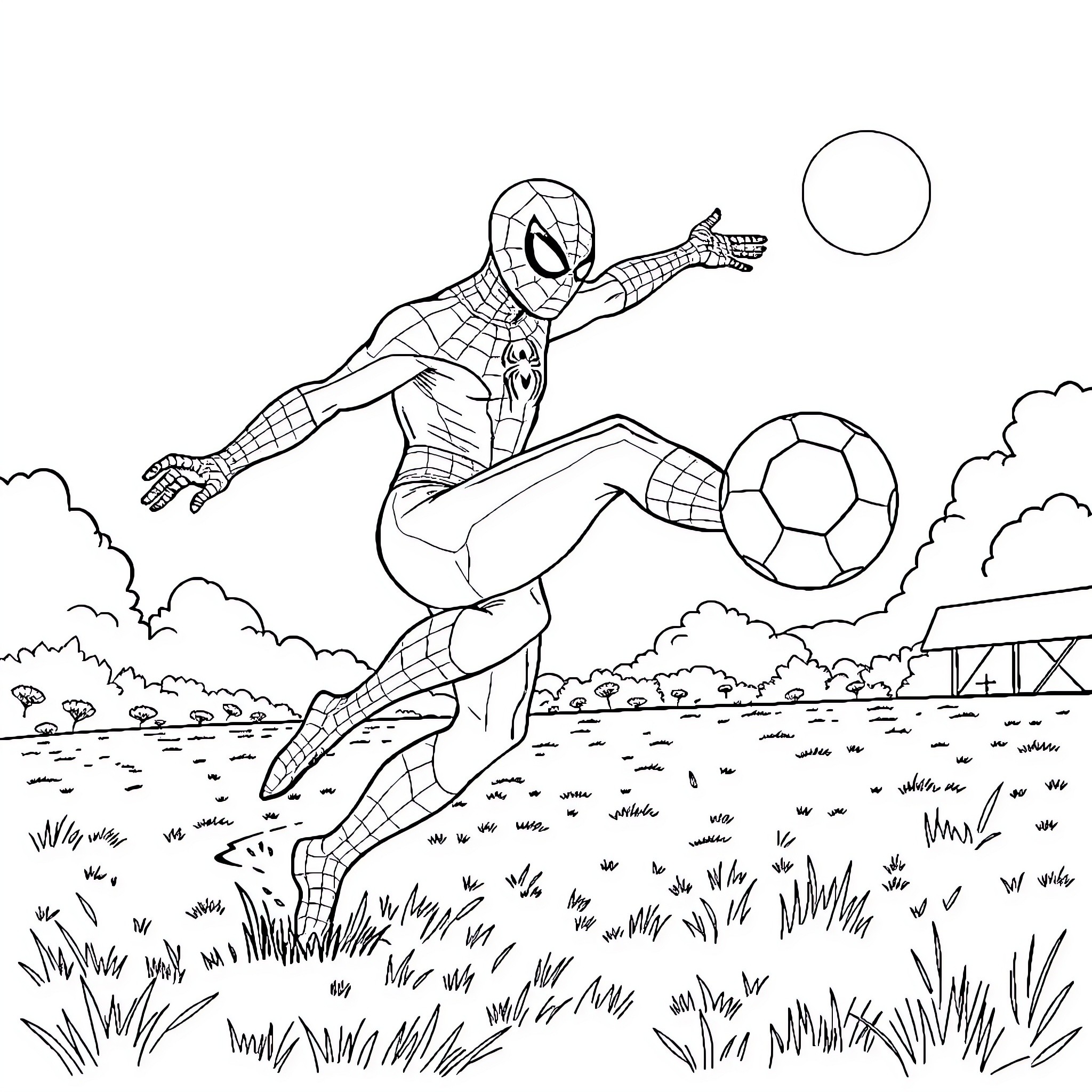 Spiderman kicking soccer ball in playing field Coloring Page (free black-and-white line drawing printable PDF for all, from beginners to advanced learners, including children, teens, adults, and seniors)