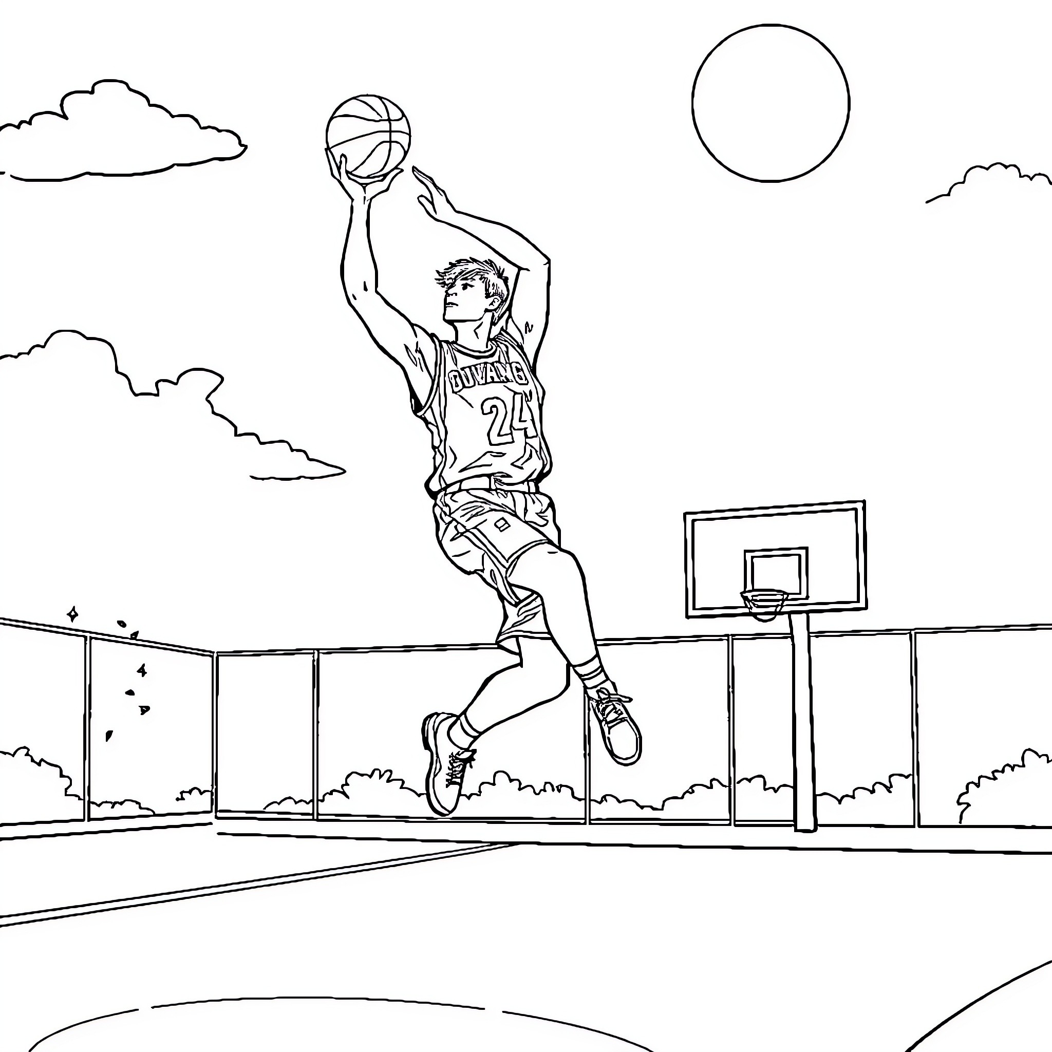 Keluangman playing basketball under the moon Coloring Page (free black-and-white line drawing printable PDF for all, from beginners to advanced learners, including children, teens, adults, and seniors)