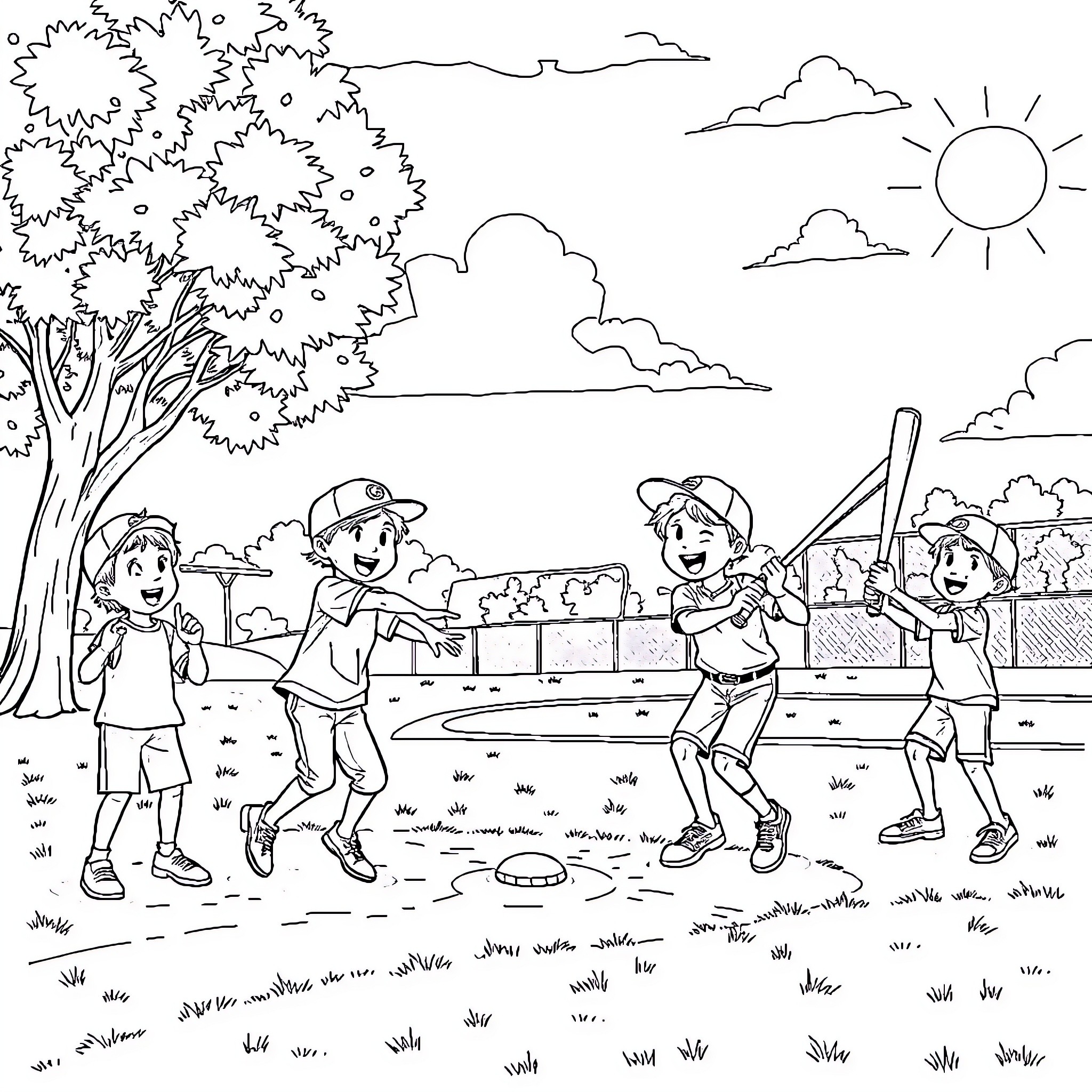 Kids playing baseball on a sunny day Coloring Page (free black-and-white line drawing printable PDF for all, from beginners to advanced learners, including children, teens, adults, and seniors)