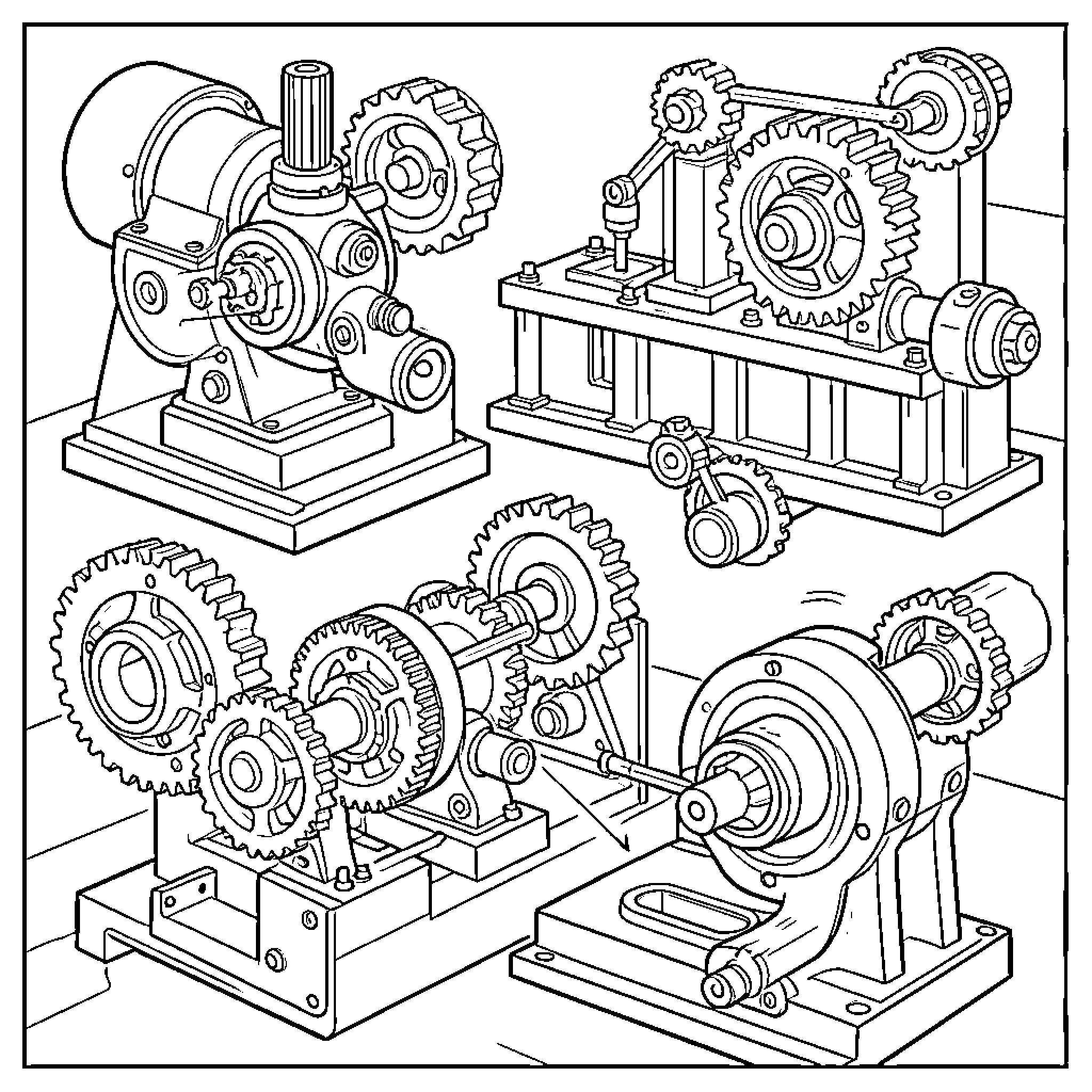 Mechanical Engineering Gears and Mechanisms Coloring Page (free black-and-white line drawing printable PDF for all, from beginners to advanced learners, including children, teens, adults, and seniors)
