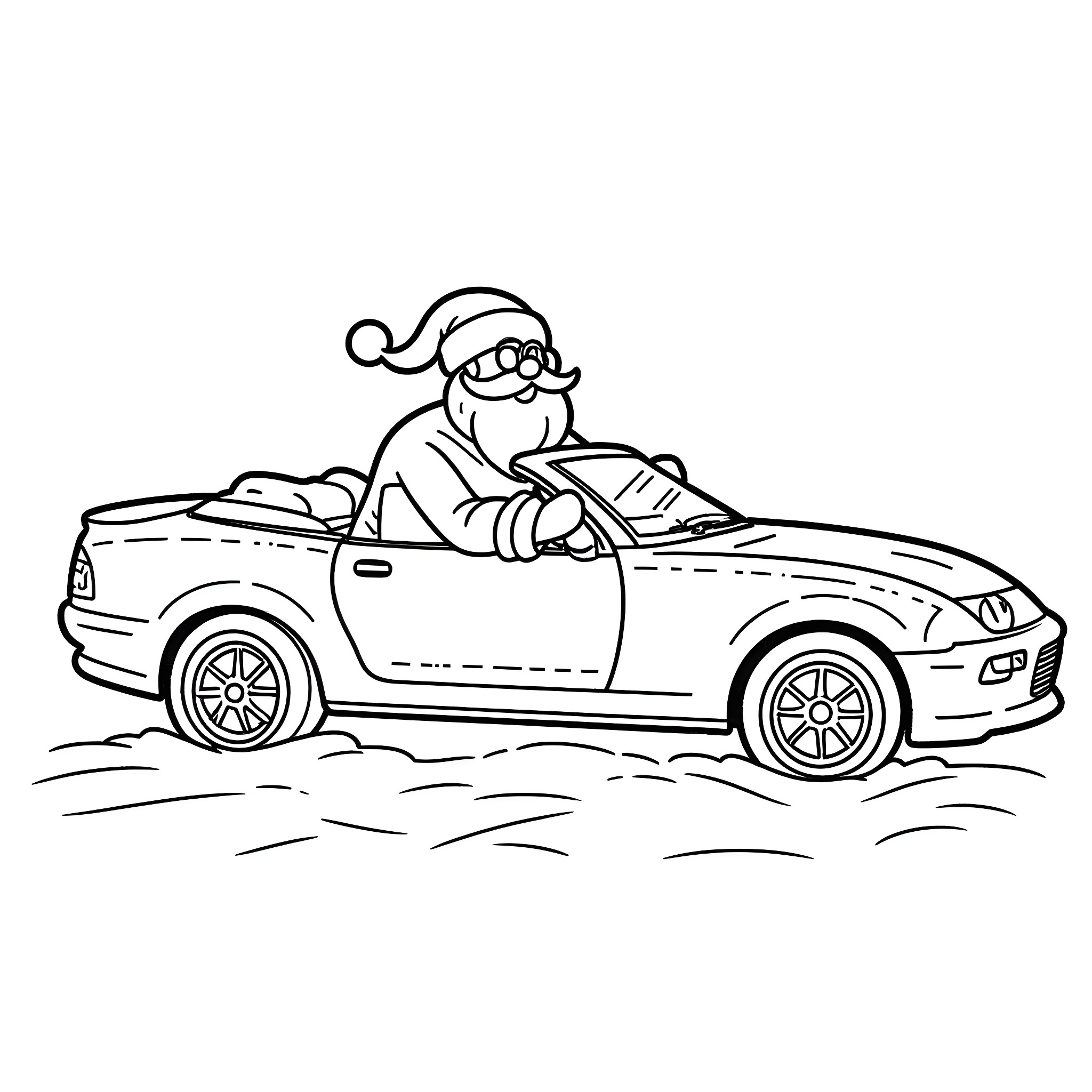 Santa driving a sports car cheerfully Coloring Page (free black-and-white line drawing printable PDF for all, from beginners to advanced learners, including children, teens, adults, and seniors)
