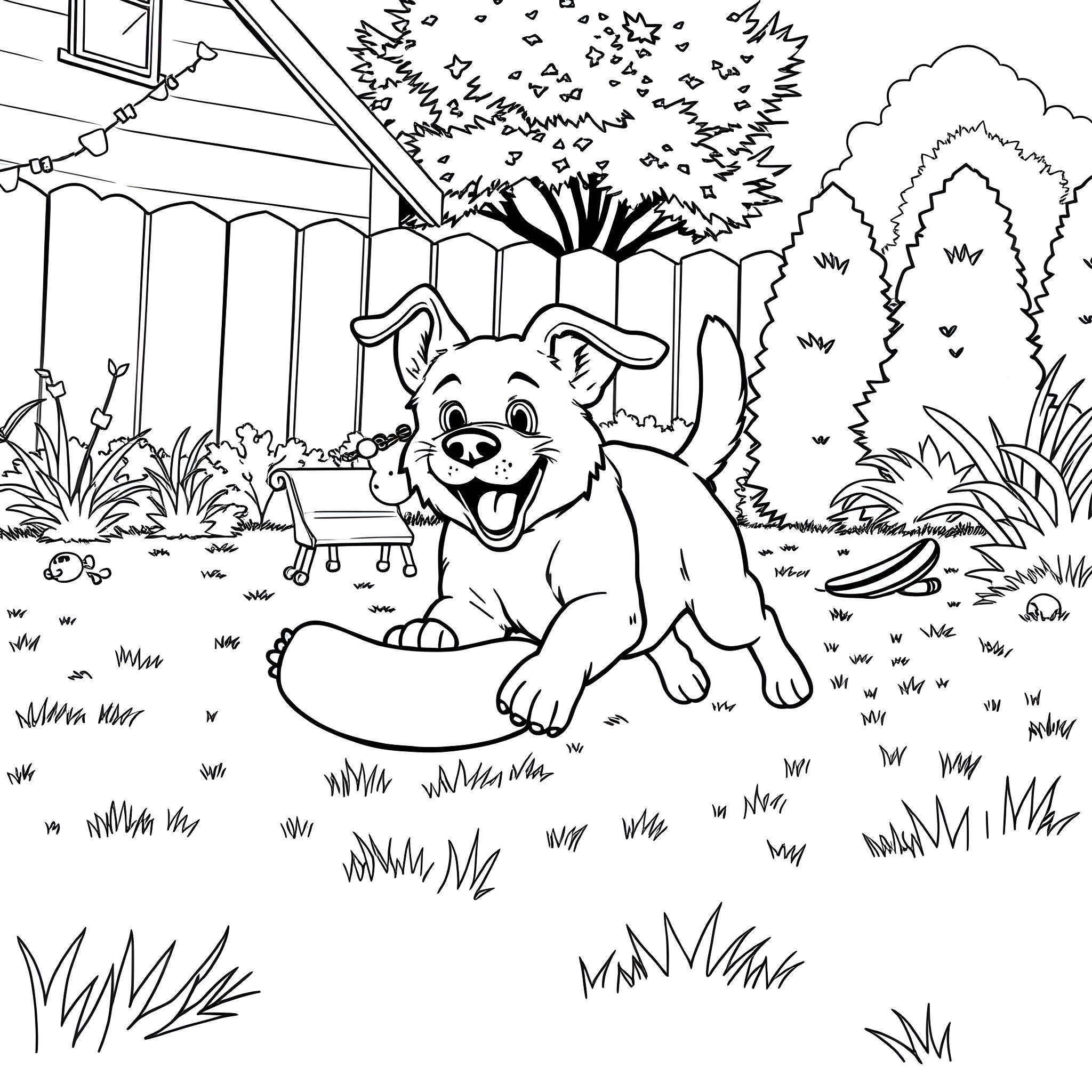 Dog playing happily in the backyard Coloring Page (free black-and-white line drawing printable PDF for all, from beginners to advanced learners, including children, teens, adults, and seniors)