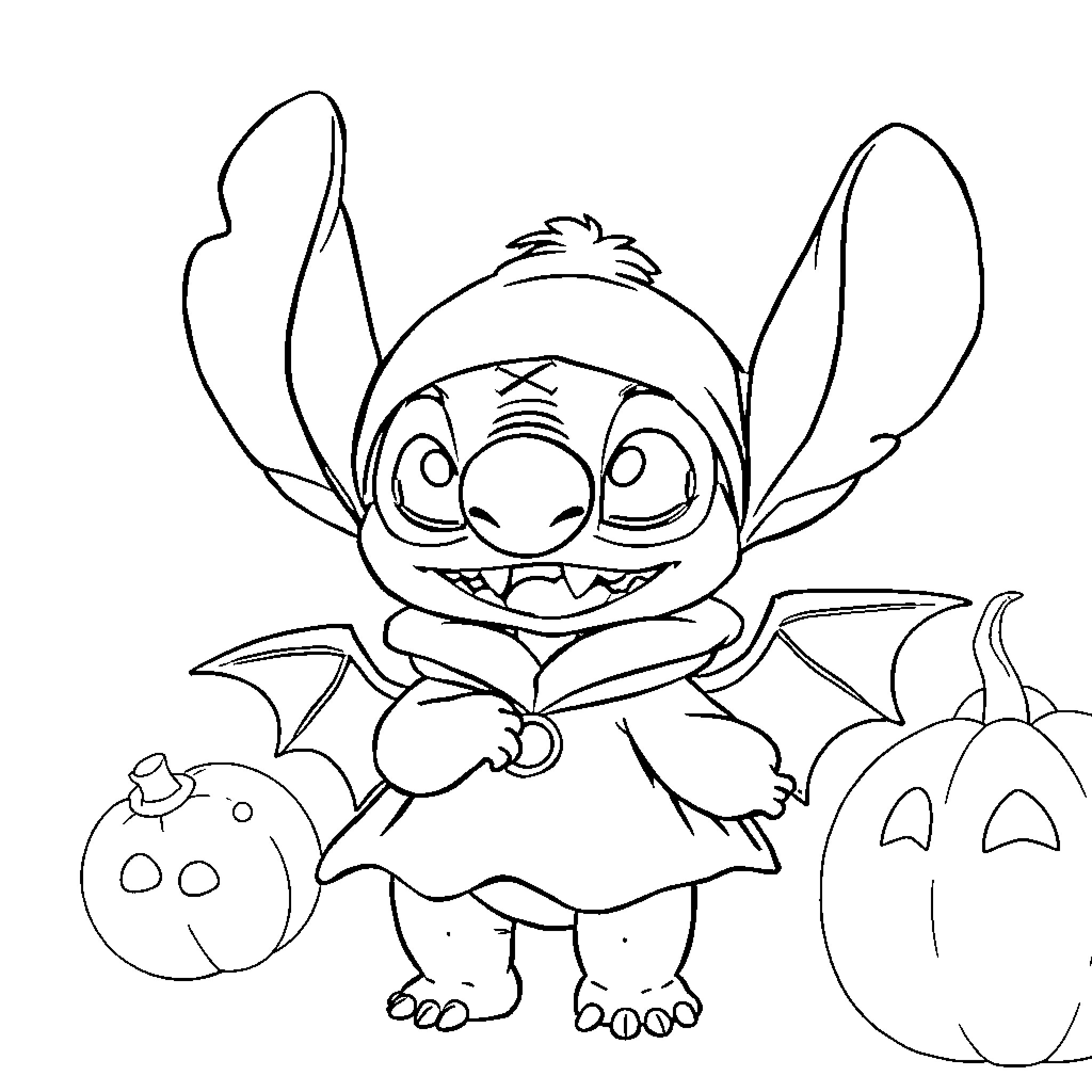 Stitch in Halloween Costume with Pumpkin Coloring Page (free black-and-white line drawing printable PDF for all, from beginners to advanced learners, including children, teens, adults, and seniors)