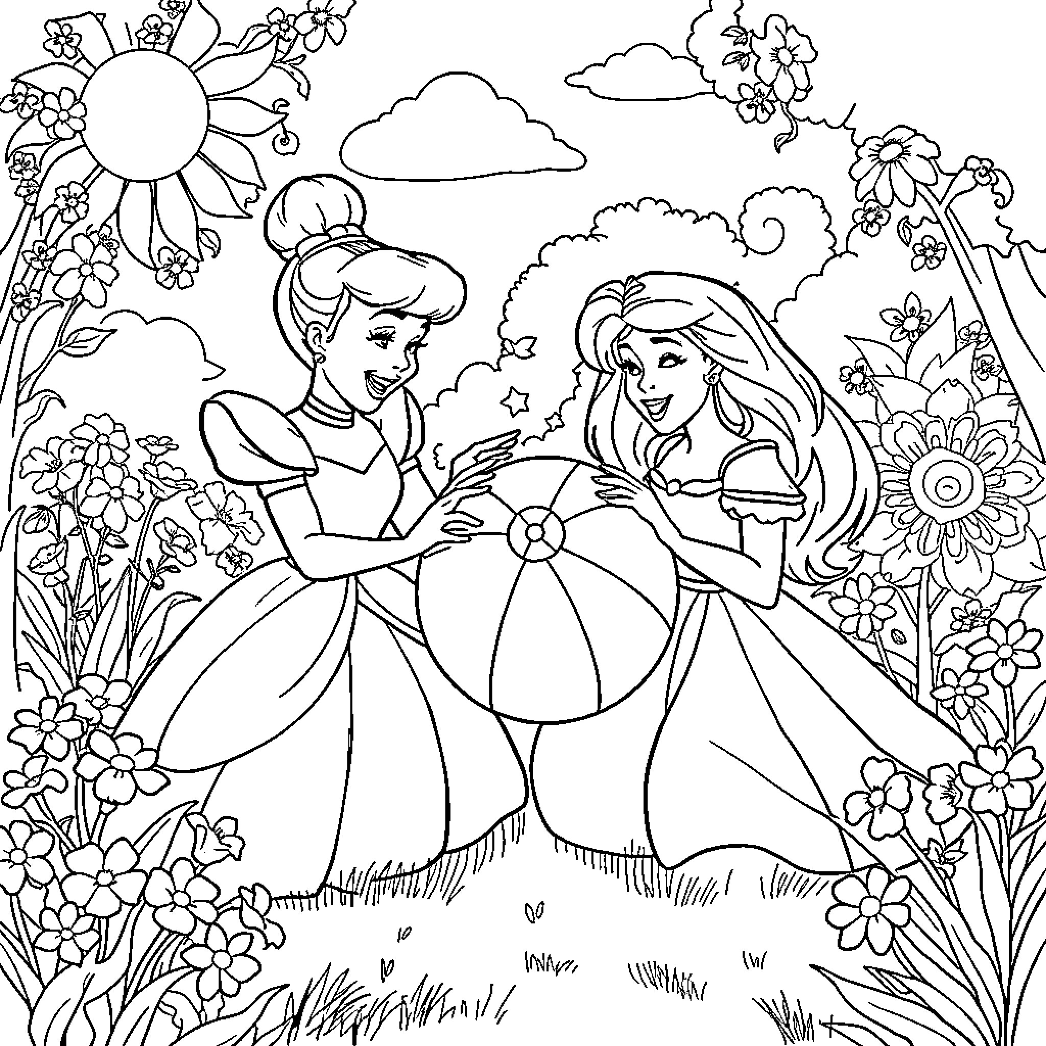 Princess Enjoying Nature with Friends Coloring Page (free black-and-white line drawing printable PDF for all, from beginners to advanced learners, including children, teens, adults, and seniors)