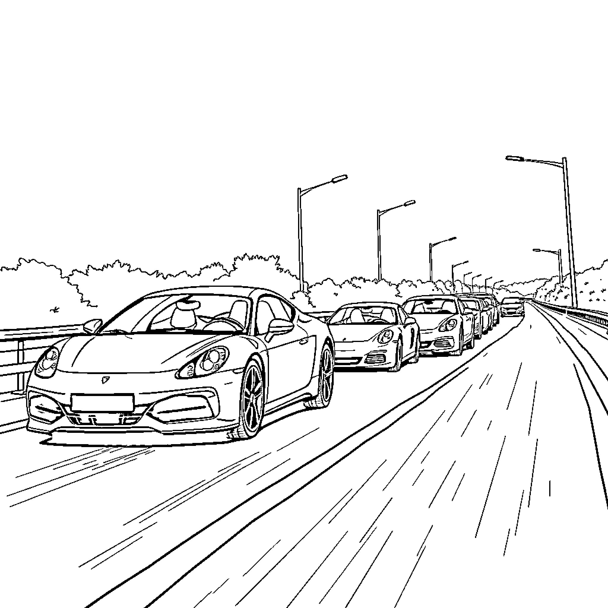 Car cruising on highway with other vehicles Coloring Page (free black-and-white line drawing printable PDF for all, from beginners to advanced learners, including children, teens, adults, and seniors)